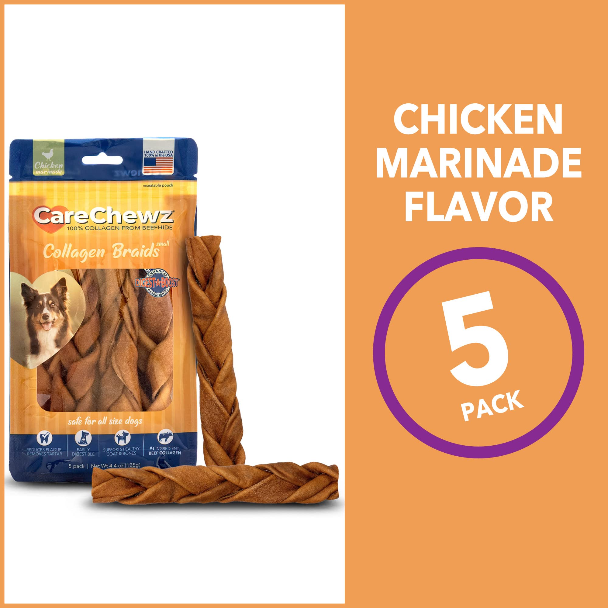 Pet Factory CareChewz Collagen 6-7 Skinny Braided Sticks Dog Chew Treats - Chicken Flavor, 5 Count/1 Pack