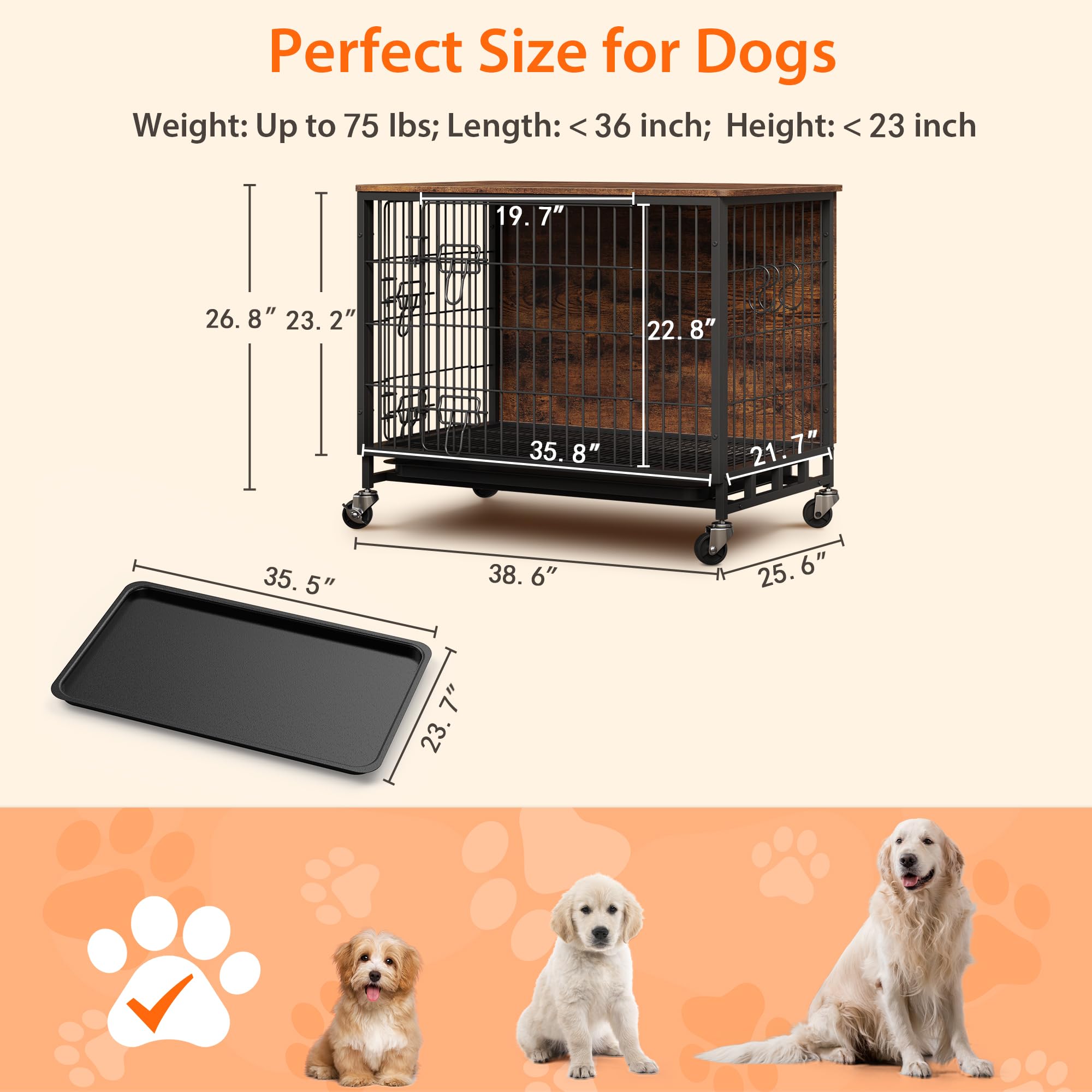 Large Dog Crate Furniture, Wooden Dog Kennel Indoor, Heavy Duty Metal Dog Cage End Table, Double-Layer Furniture-Style Dog Bed,