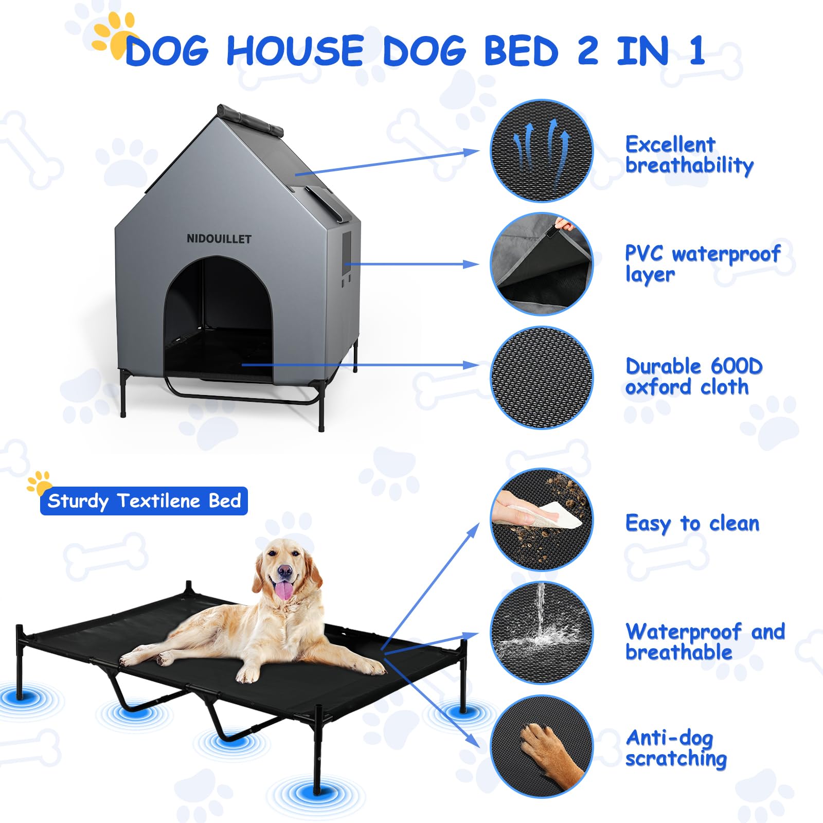 Nidouillet X-Large Weatherproof Dog House, 48" Elevated Dog Bed, Breathable Textilene, Gray, Max 200lbs, Model AB031502