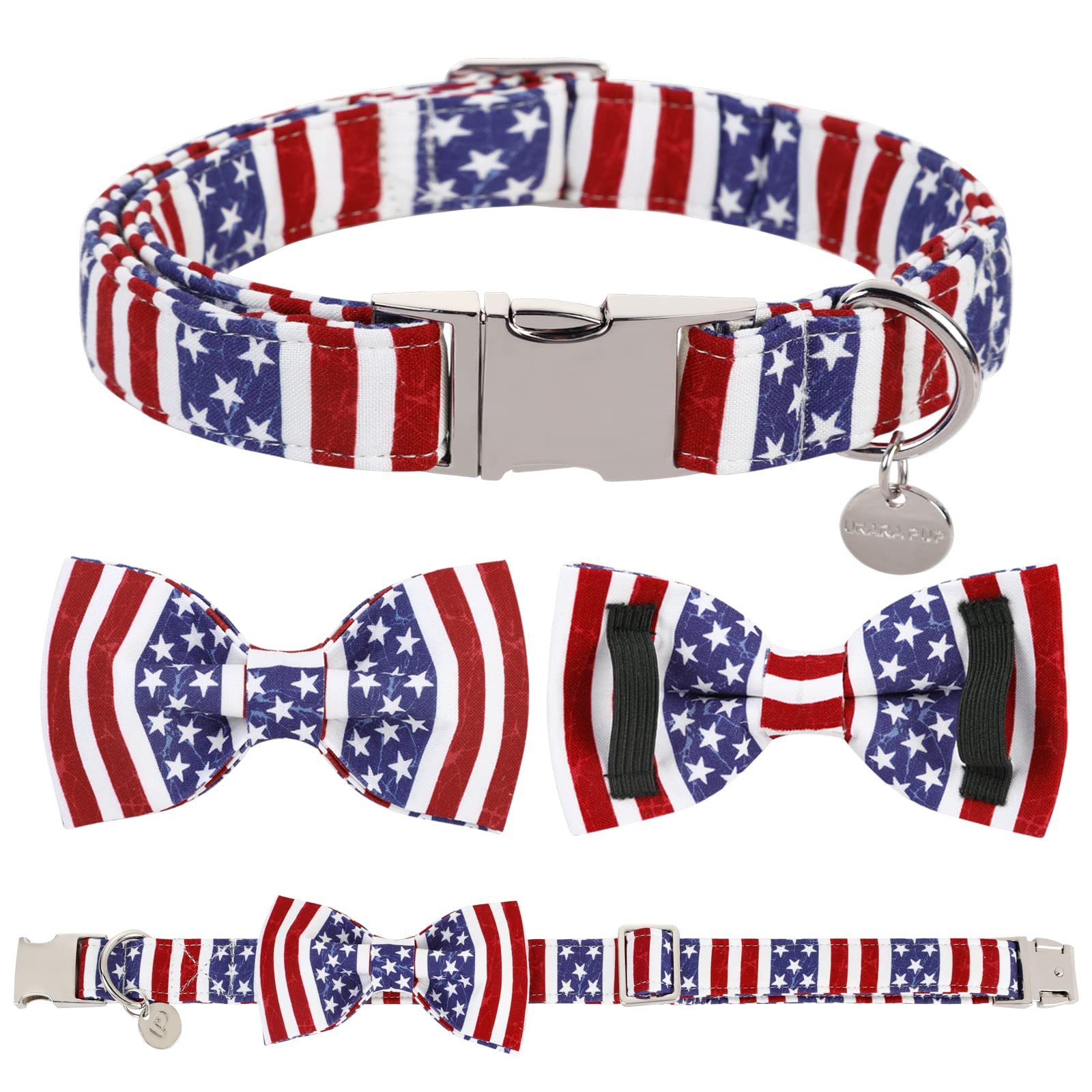 Up Urara Pup Dog Collar With Bow Tie, 4Th Of July Comfortable Cotton Dog Collar, American Flag Collar For Puppy Girl Boy Dog Or