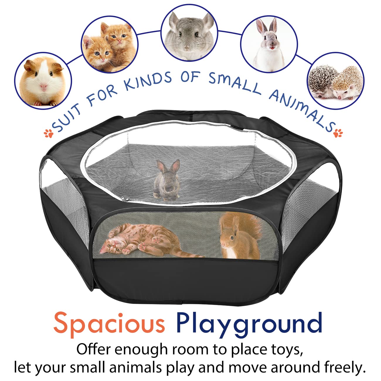 Pawaboo Small Animals Playpen, Waterproof Small Pet Cage Tent With Zippered Cover, Portable Outdoor Yard Fence With 3 Metal Rod For Kitten/Puppy/Guinea Pig/Rabbits/Hamster/Chinchillas, Black