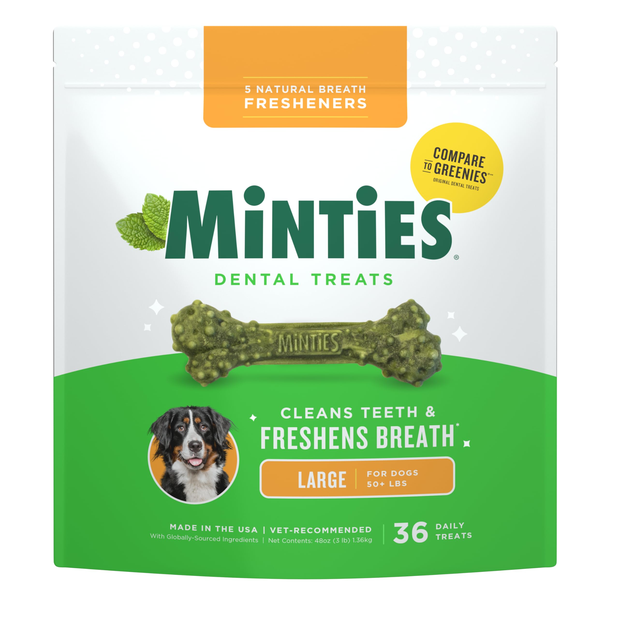 Minties Dental Chews for Dogs, 36 Count, Vet-Recommended Mint-Flavored Treats for Large Dogs Over 50 lbs, Dental Bones Clean Tee