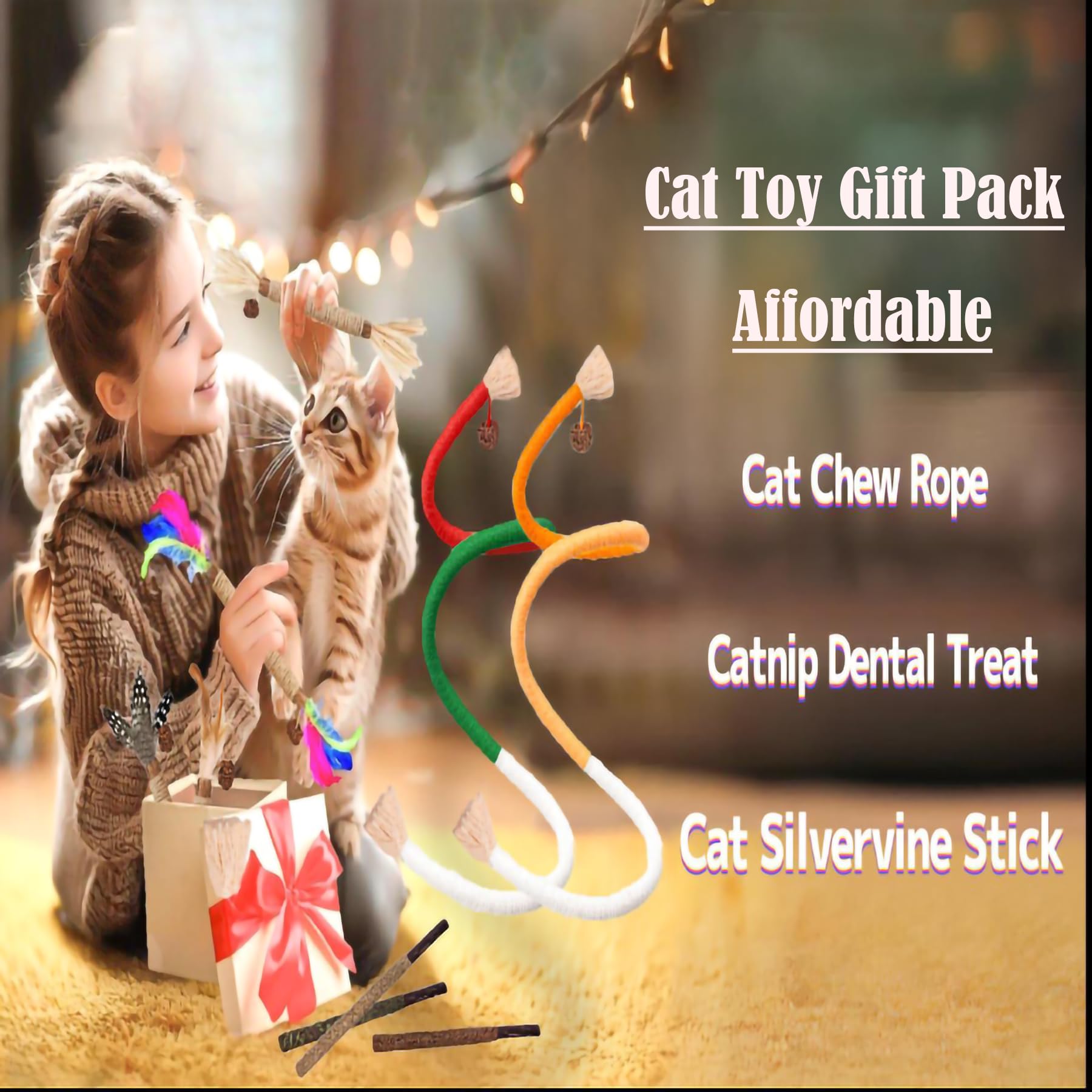 NSWXZDS Cat Toys for Indoor Cats 12pcs Kitten Chew Self Play Kitty Dental Rope Interactive Catnip Toy Refillable Matatabi Treats