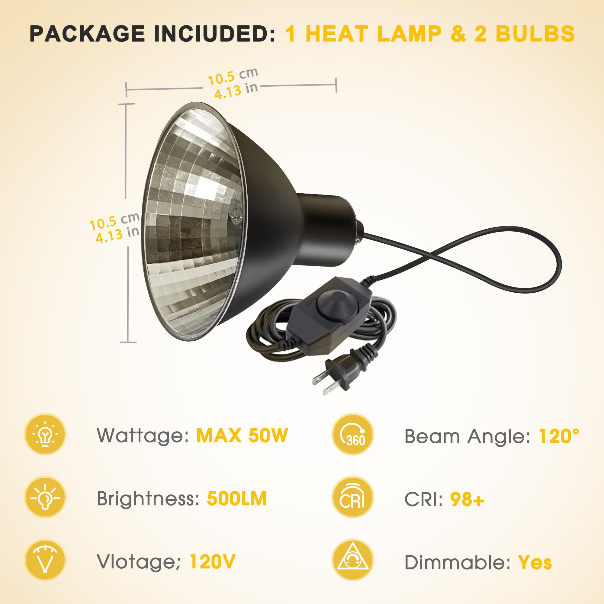 Reptile Heat Lamp 50W G9 Halogen Heat Bulb & Dome Reptile Light Fixture, Aluminum Reflector, UVA Basking Light for Reptiles, Dim