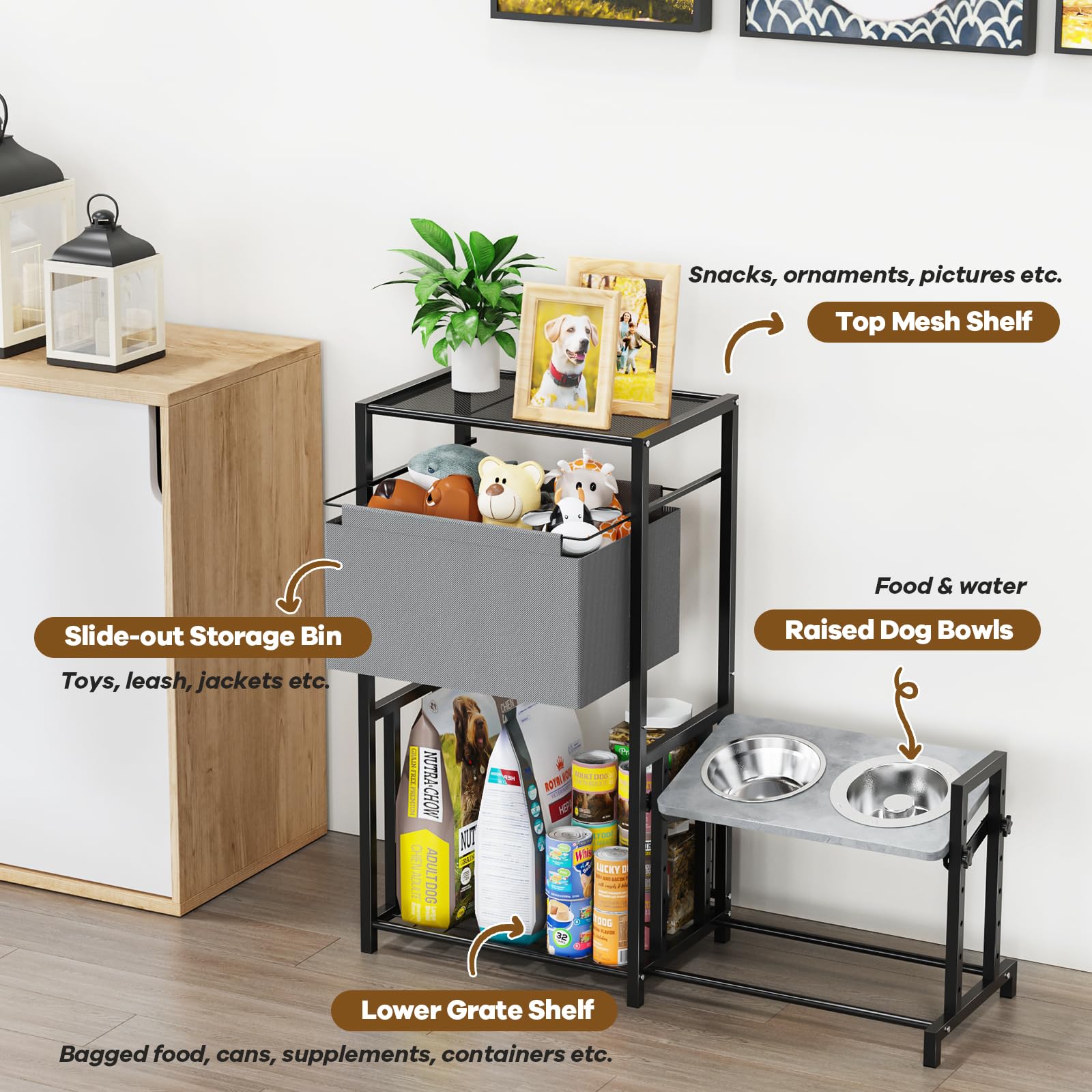 Guibukeyan Elevated Dog Bowls Stand With Pet Storage Organizer, Adjustable Feeding Station Cabinet With Toy Basket For Large, Me