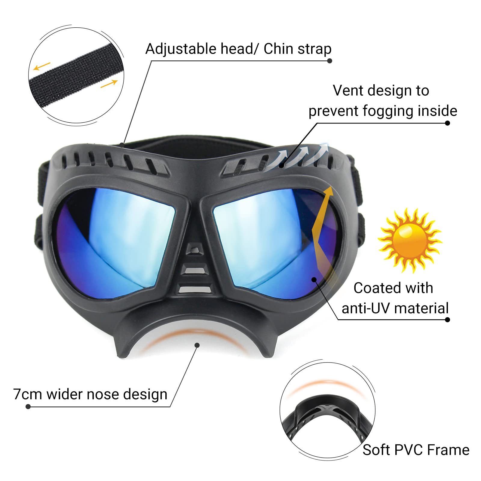 Namsan Dog Goggles For Small Dogs, Wide Nose, Soft Frame, Anti-Uv Tactical Dog Sunglasses Small To Medium Breed, Summer Driving Dog Eye Protection, Winter Snow Eyewear, Adjustable, Blue Lens