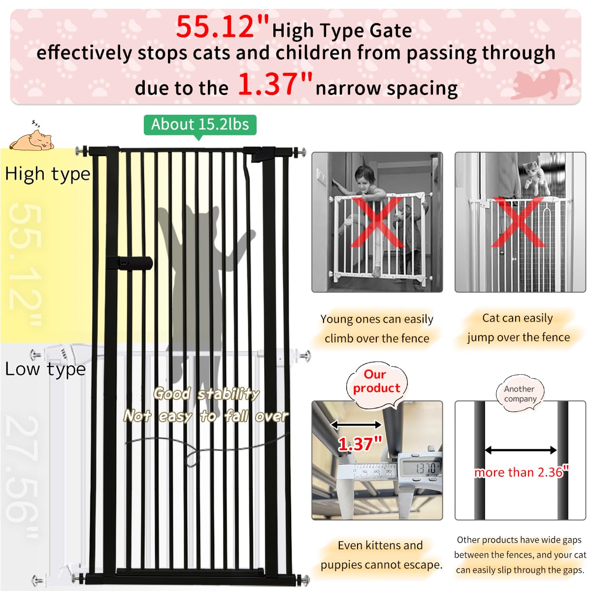 Lumizone Extra Tall Cat Gate 55.12 High Pressure Mounted Extra Wide 2025 New (17 Sizes) 1.37 Gap No Drilling Auto-Close One-Hand