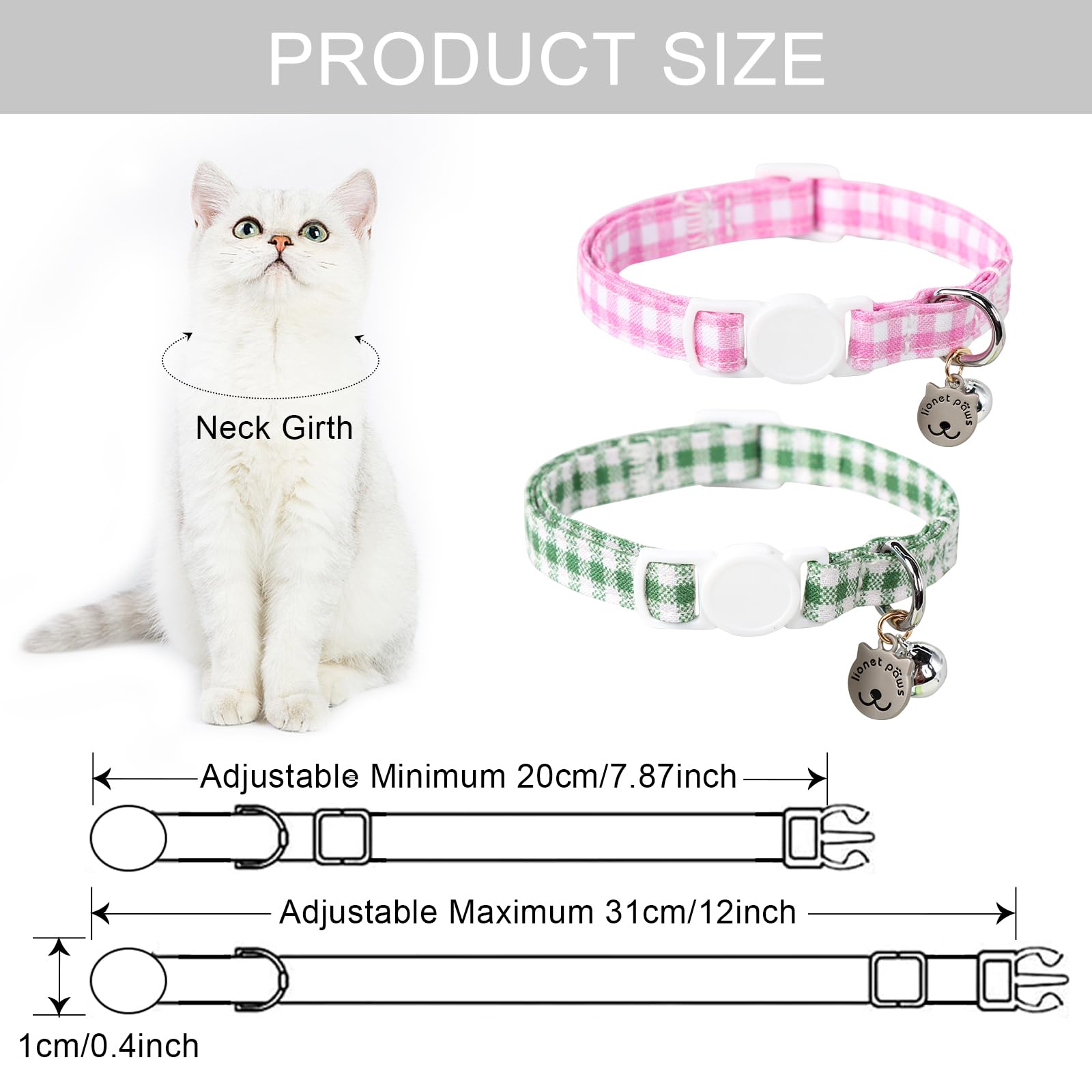 Lionet Paws 2Pcs Pack Cotton Cat Collar,Breakaway Buckle With Green Pink Grid And Brand Pendant Cute Adjustable Cat Kitten Colla
