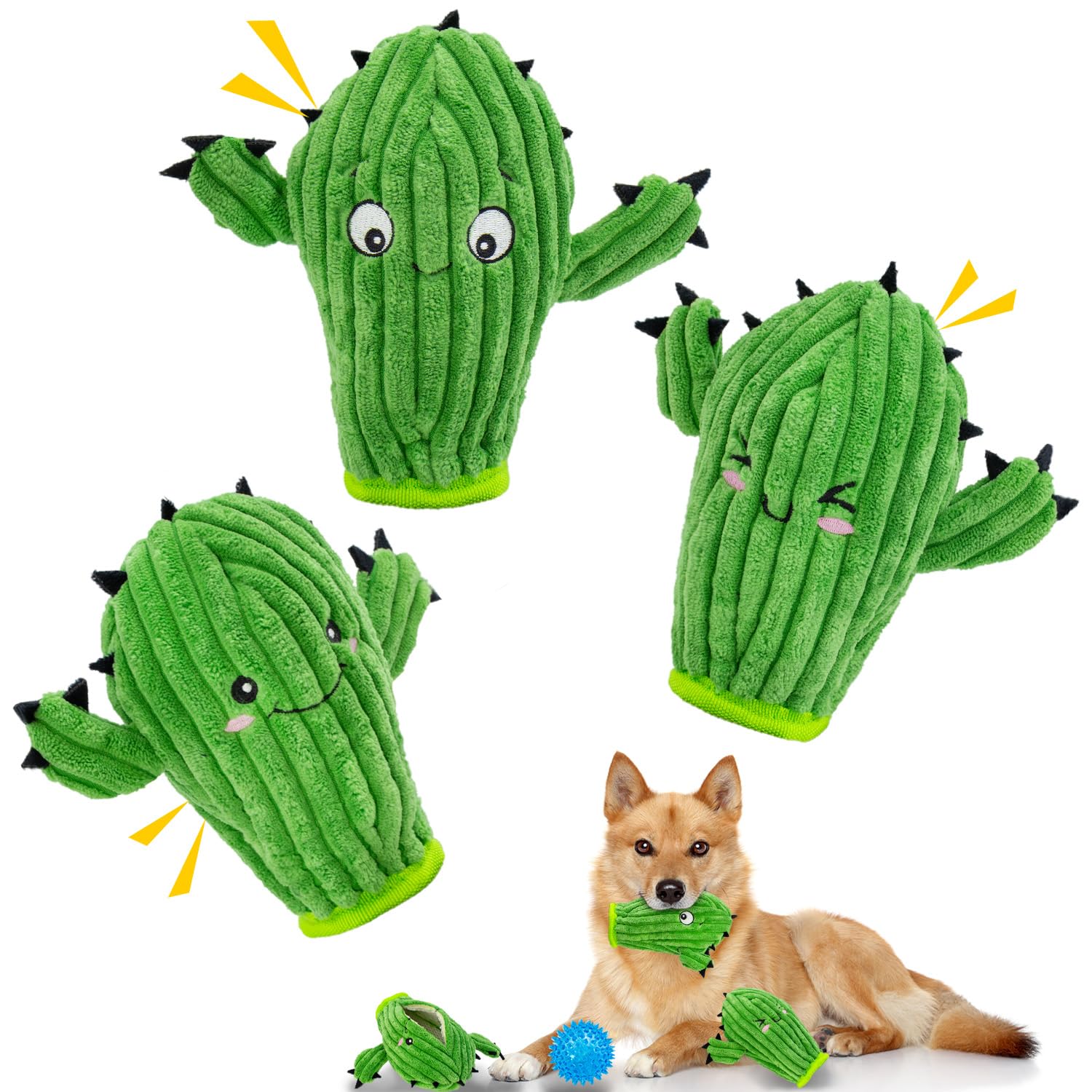Maoooob No Stuffing 3 Pack Squeaky Dog Toys- 2 In 1 Interactive Plush Dog Toy- Cactus Shaped Rip And Reveal Toy For Puppies- Per