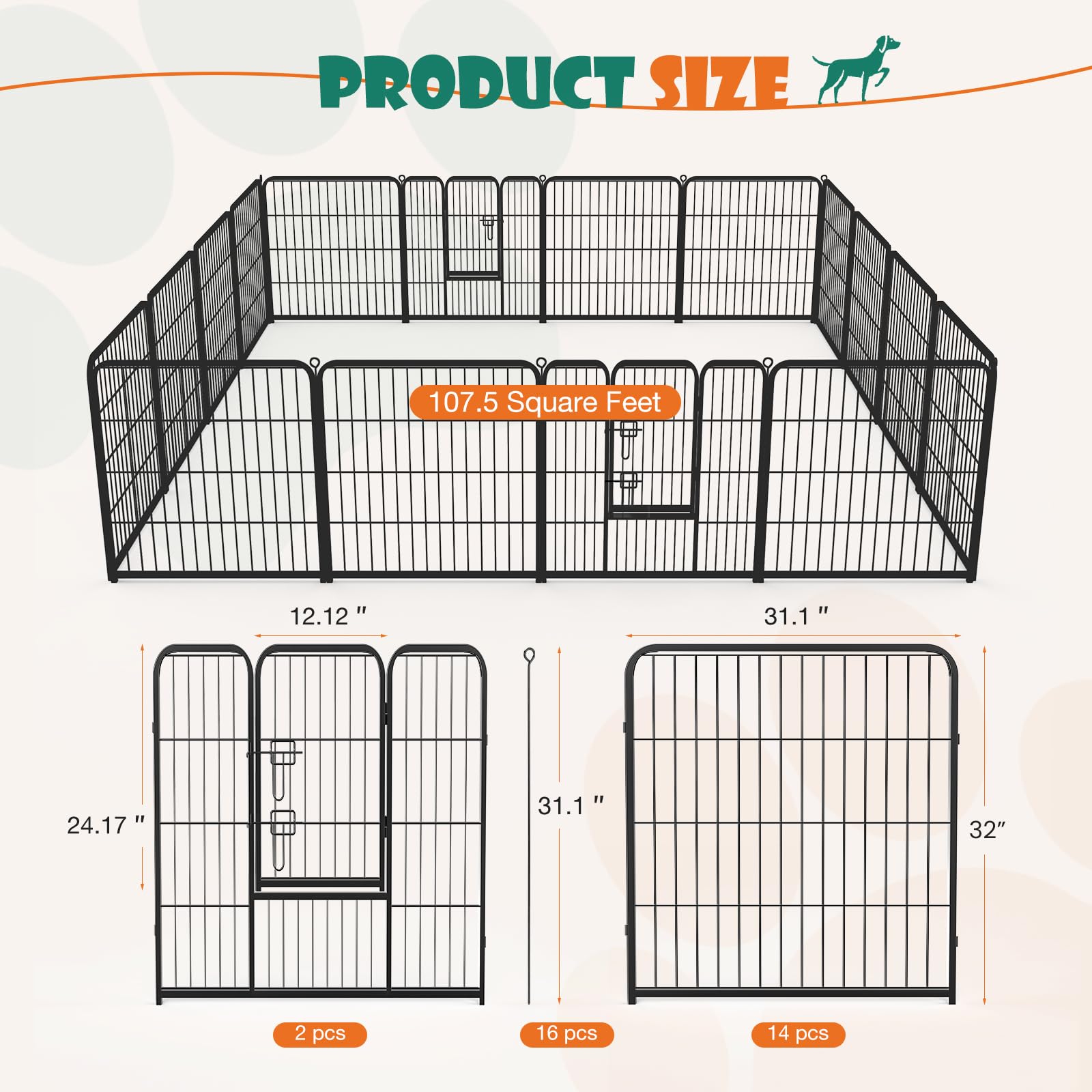 OLIXIS Dog Playpen 16 Panels 32 inch Dog Pen Indoor Heavy Duty Puppy Exercise Pen Metal Pet Fence for RV Camping Yard Garden