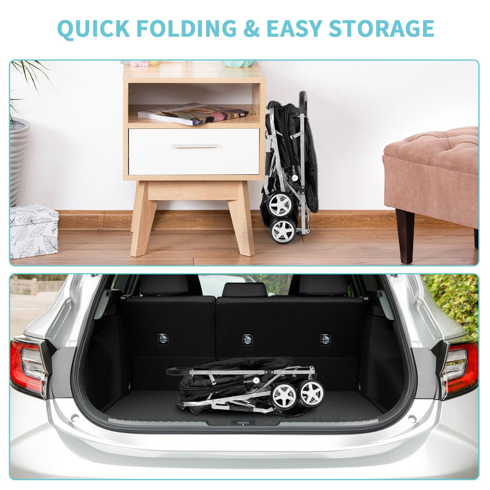 Double Pet Stroller, Foldable Stroller For 2 Dogs & Cats, Two-Seater Carrier Twin Dog Walk Jogger Travel Pet Carriage Cart With