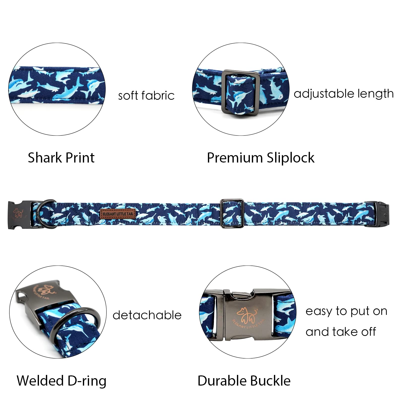Elegant Little Tail Dog Collar, Blue Shark Pattern Pet Collar Durable Cute Dog Collars Male Or Female Pet Gift Adjustable Dog Co