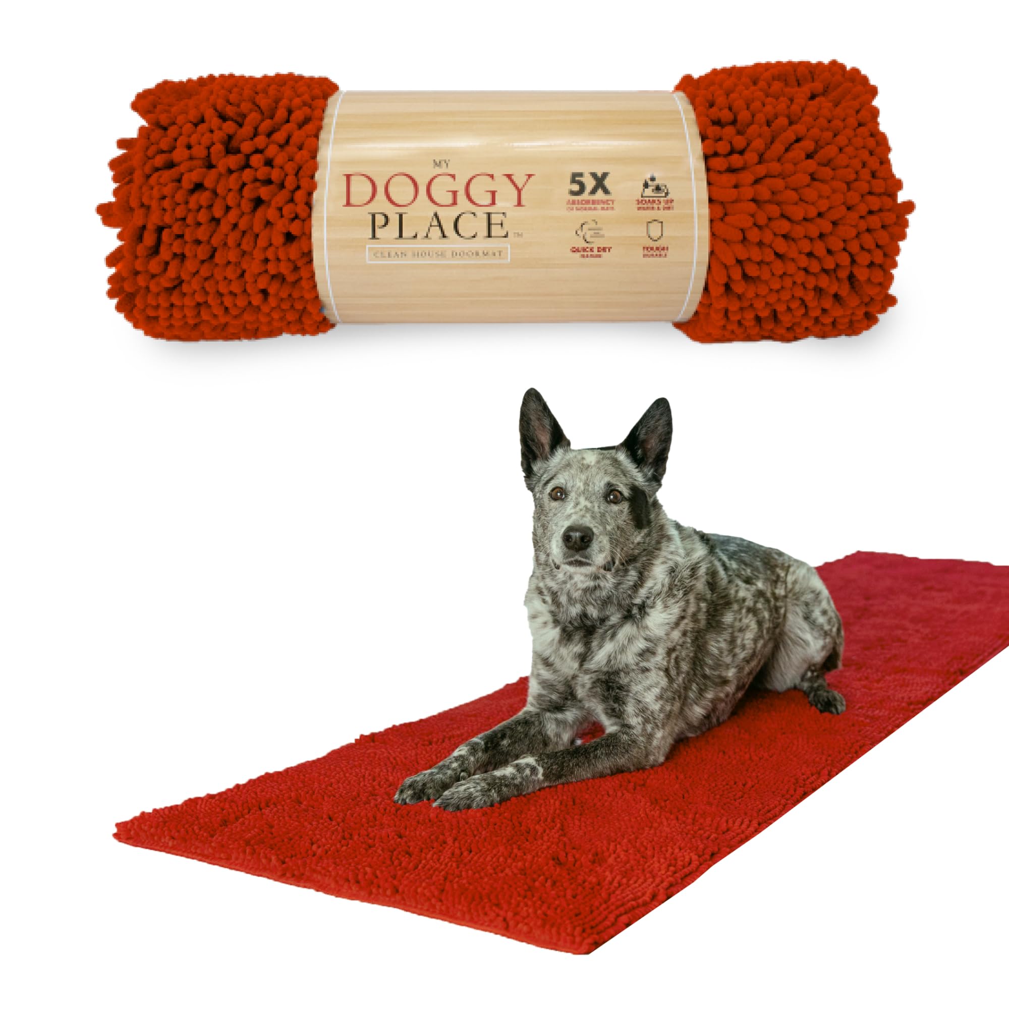 My Doggy Place Microfiber Dog Mat for Muddy Paws, 8 x 2 Red - Non-Slip, Absorbent and Quick-Drying Dog Paw Cleaning Mat, Washe