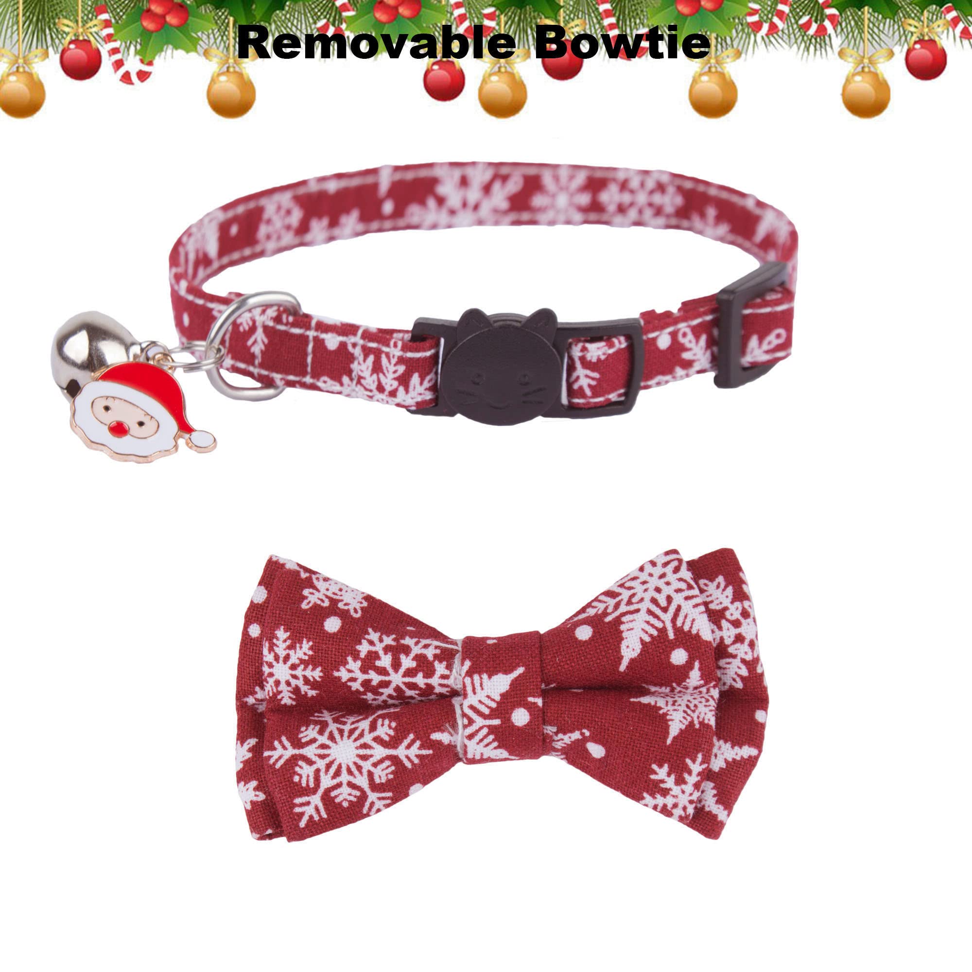 Adoggygo Christmas Cat Collars With Bowtie Bell, 2 Pack Adjustable Xmas Kitten Collar With Removable Bow, Red Green Christmas Co