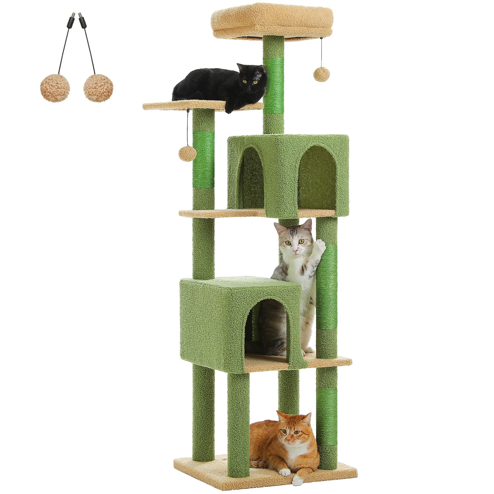 Pawz Road Cactus Cat Tree Tower 62 Inches Cat Tree With 2 Condos,2 Large Perch,4 Scratching Posts & 1 Scratching Board, And 2 Ha