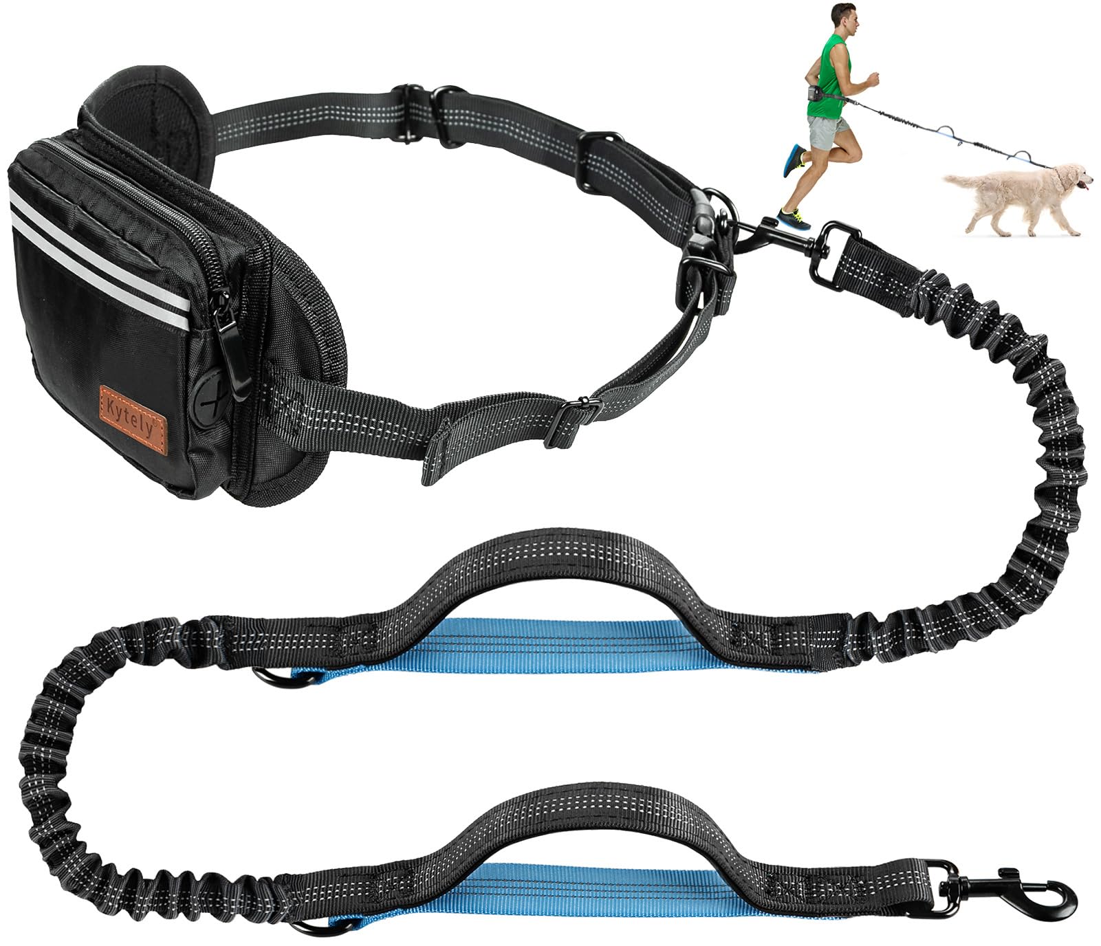 Kytely Hands Free Dog Leash With Zipper Pouch, Wide Padded Waist Dog Running Leash For Medium And Large Dogs, Dual Padded Handle