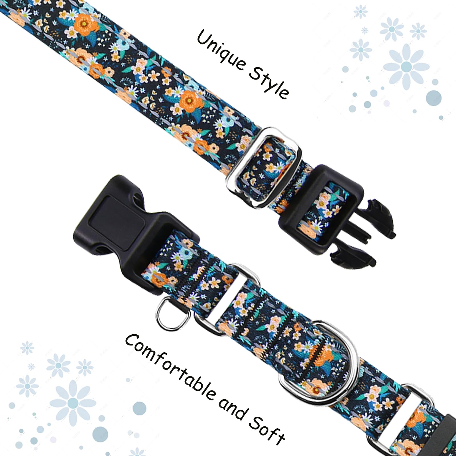 Fidohug Reflective Martingale Dog Collar With Buckle Soft Nylon Floral No Slip Dog Collars For Large Dogs (Black Orange Flowers,