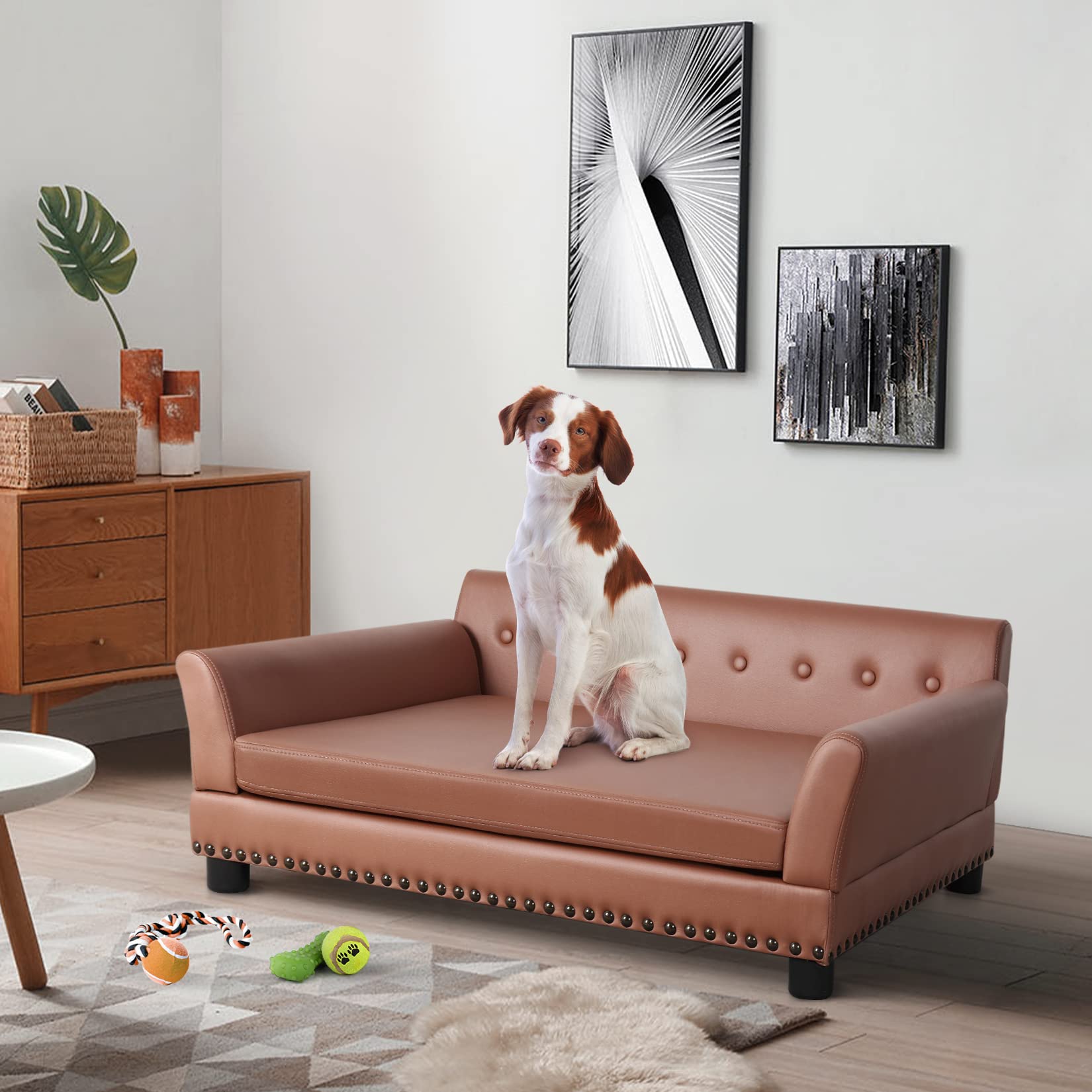 Bingopaw Large Dog Sofa Bed: Dogs Indoor Raised Lounge Chaise Couches Made By Faux Leather - Big Fancy Doggy Furniture Style Bed