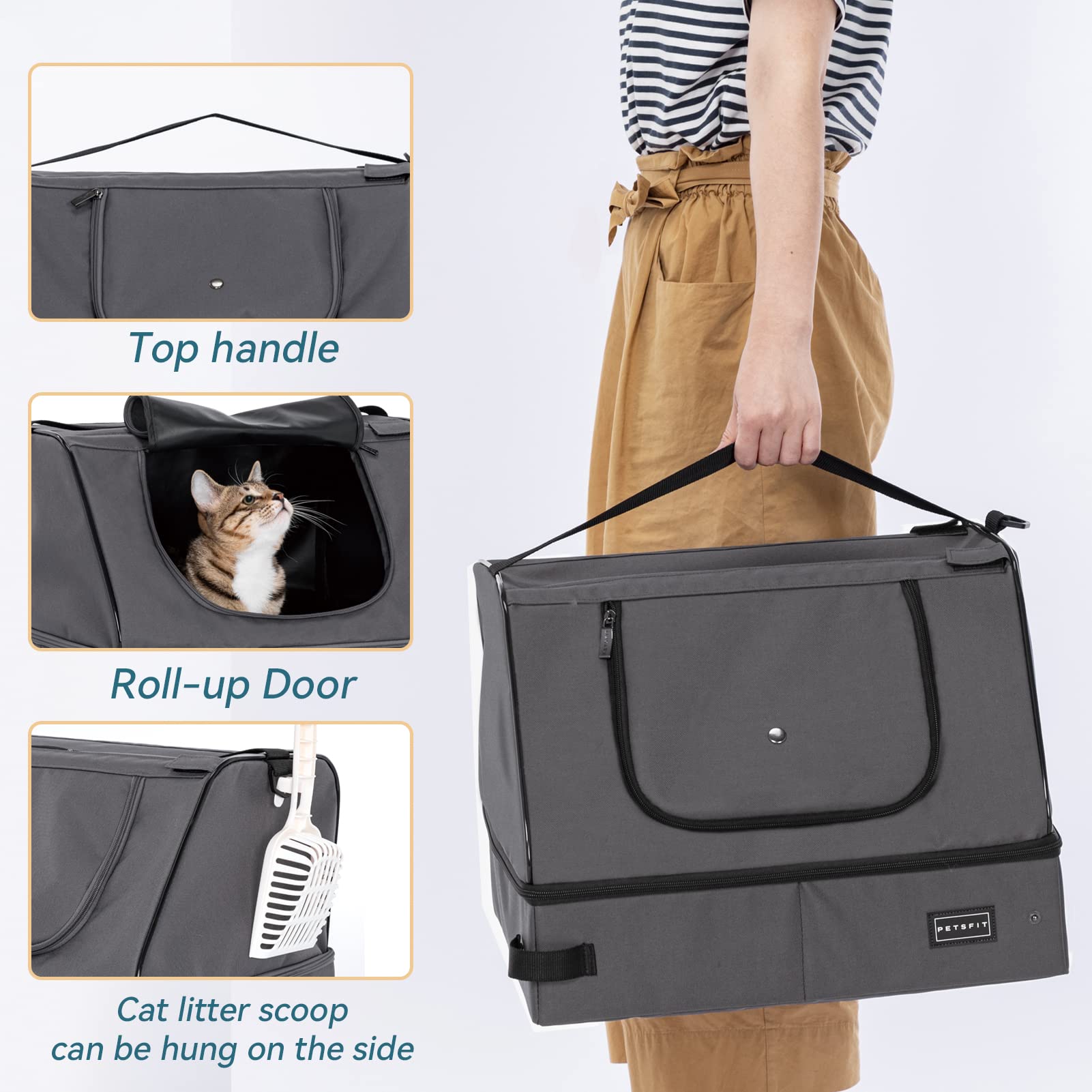 Petsfit Upgrade Travel Portable Cat Litter Box For Medium Cats & Kitties,Leak-Proof, Lightweight, Foldable (Gray(With Lid), 17' Lx13 Wx12.5 H)