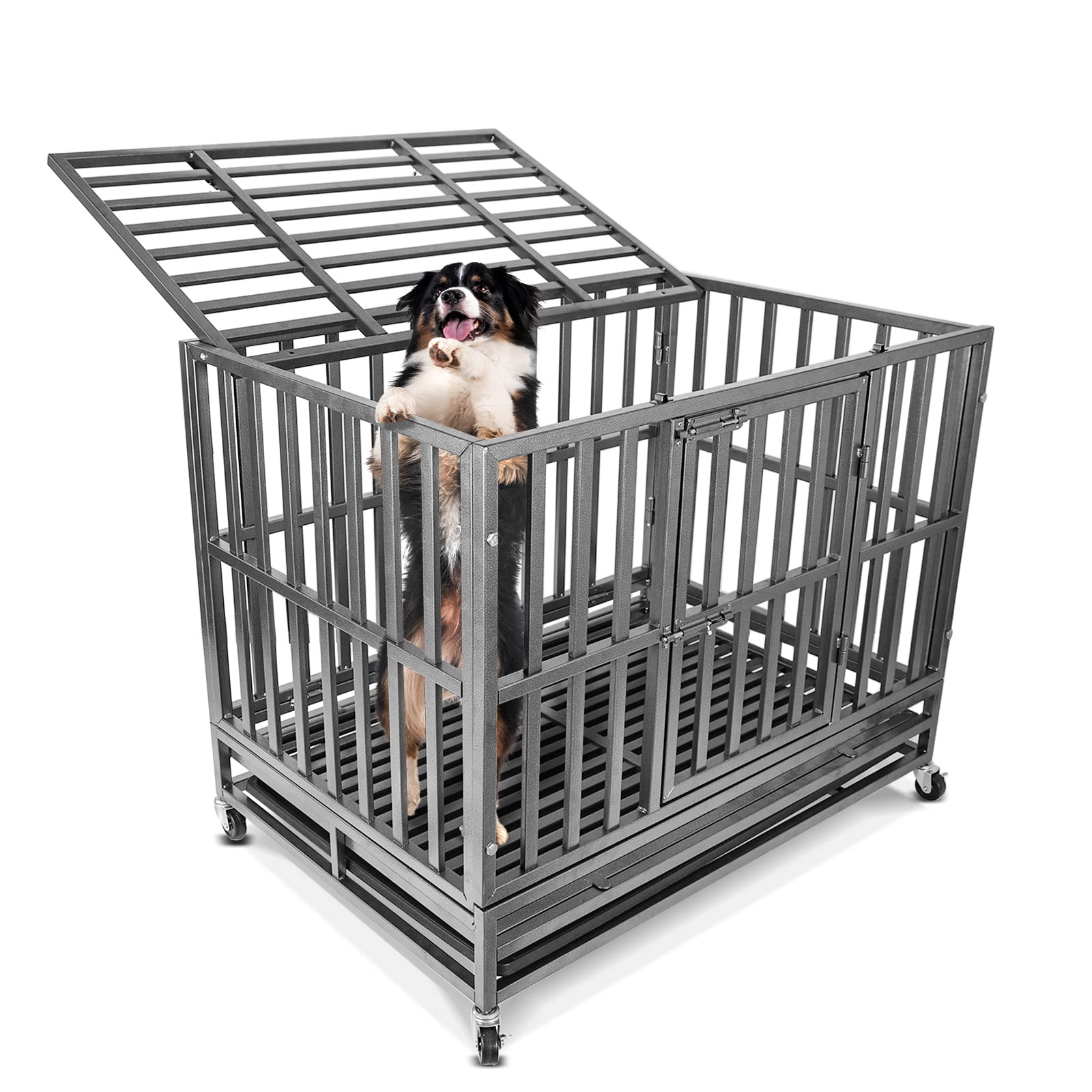 Confote 37 Inch Heavy Duty Dog Crate Metal Cage Kennel, High Anxiety Pet Cage With Lockable Wheels & Double Doors For Small Dogs