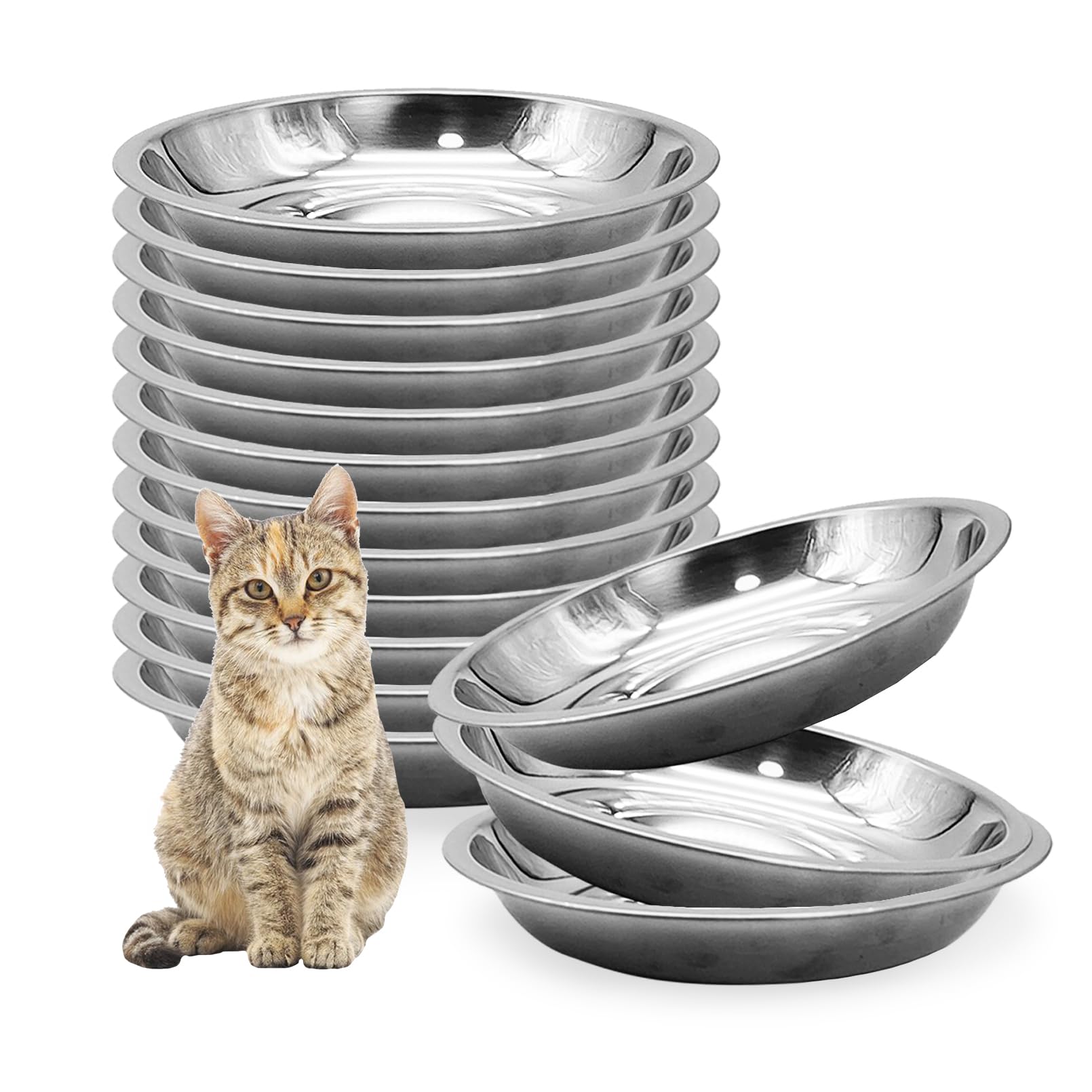 Hamiledyi 12 Pcs Stainless Steel Cat Bowls Shallow Metal Pet Dishes Large Cat Feeding Plate Replacement Whisker Fatigue Kitten F