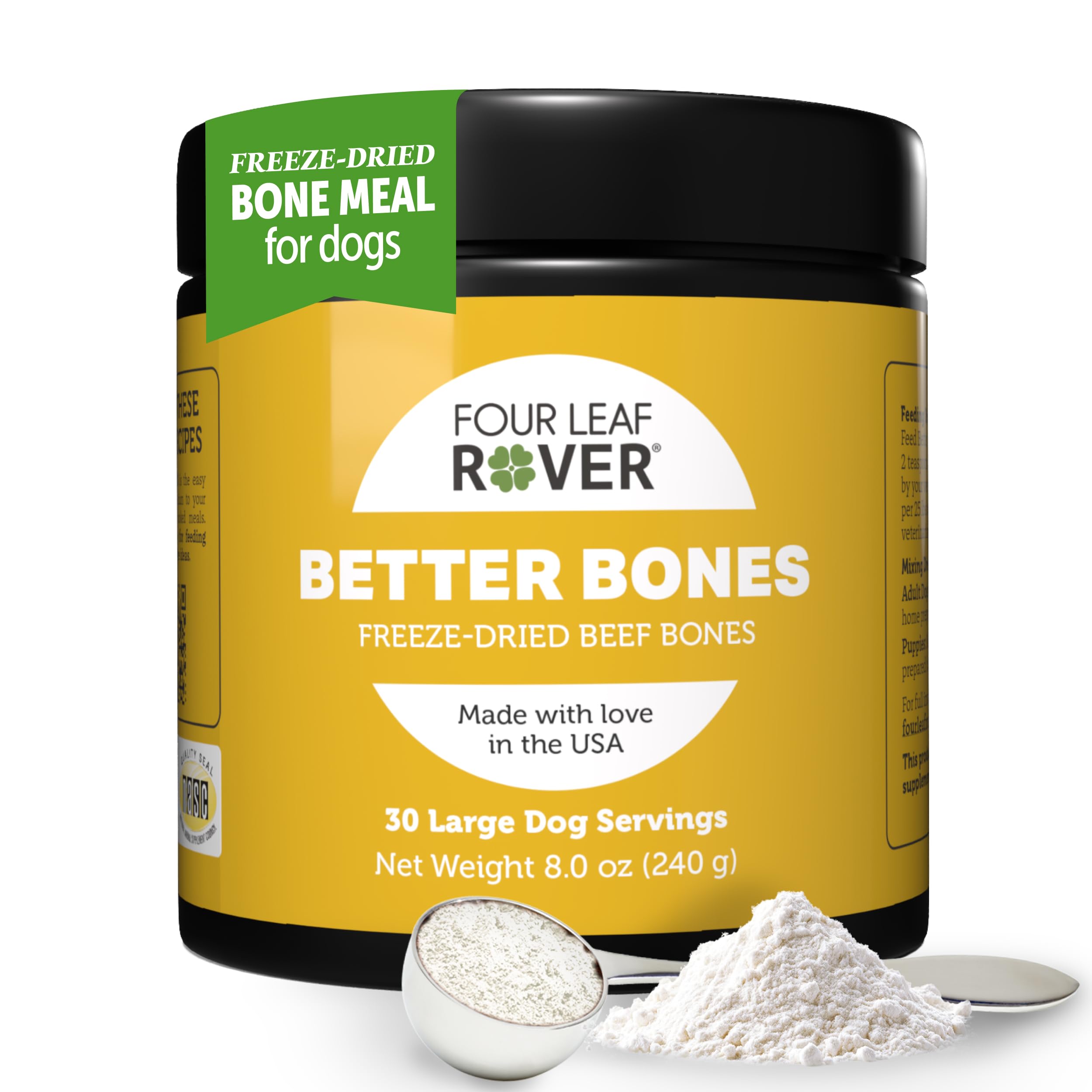 Four Leaf Rover Better Bones Bone Meal for Dogs - Dog Calcium Supplement for Healthy Joints, Teeth, & Bones - from 100% Grass-Fe
