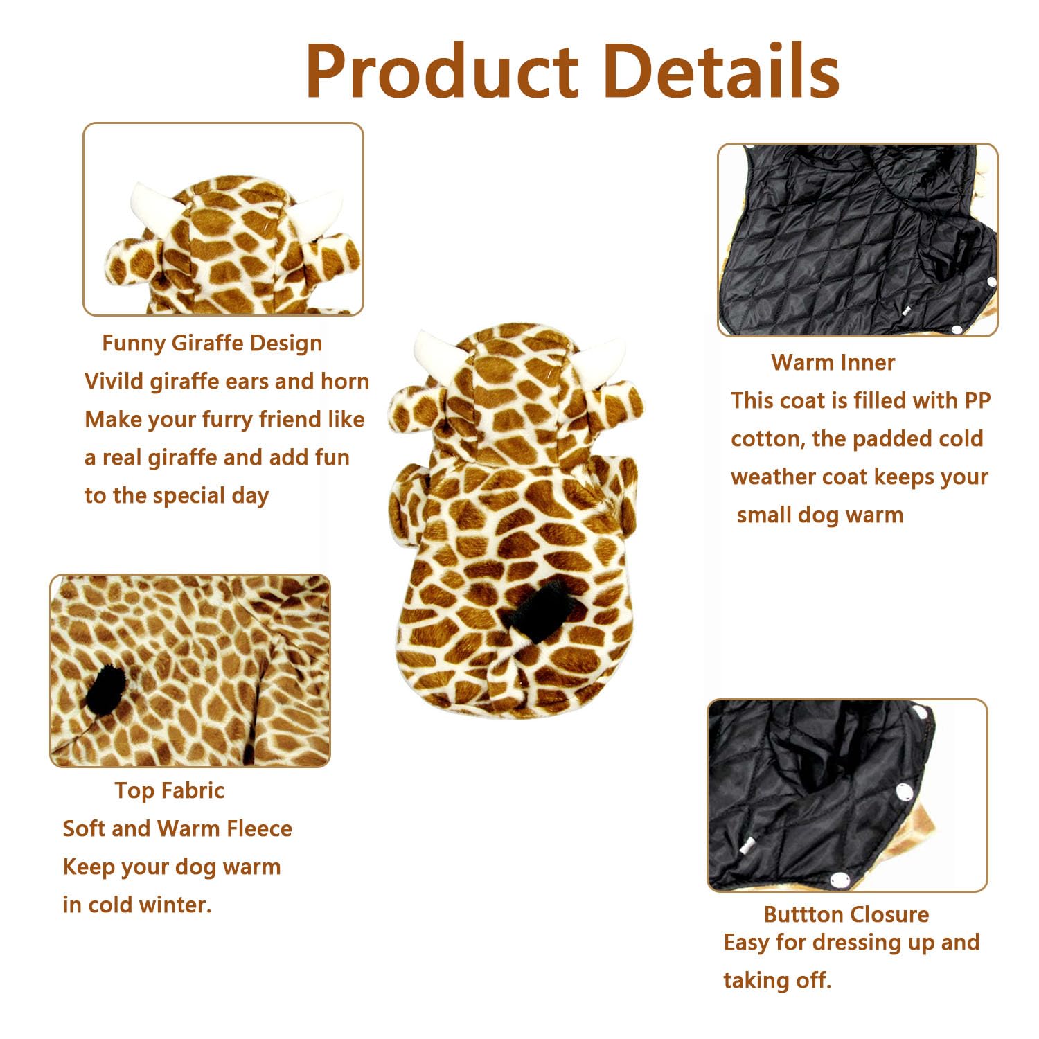 Fladorepet Funny Halloween Dog Giraffe Costume Outfits Clothes Winter Warm Fleece Dog Pet Cat Jacket Coat Hoodie (Xs(Pet 1-3Lbs), Brown)