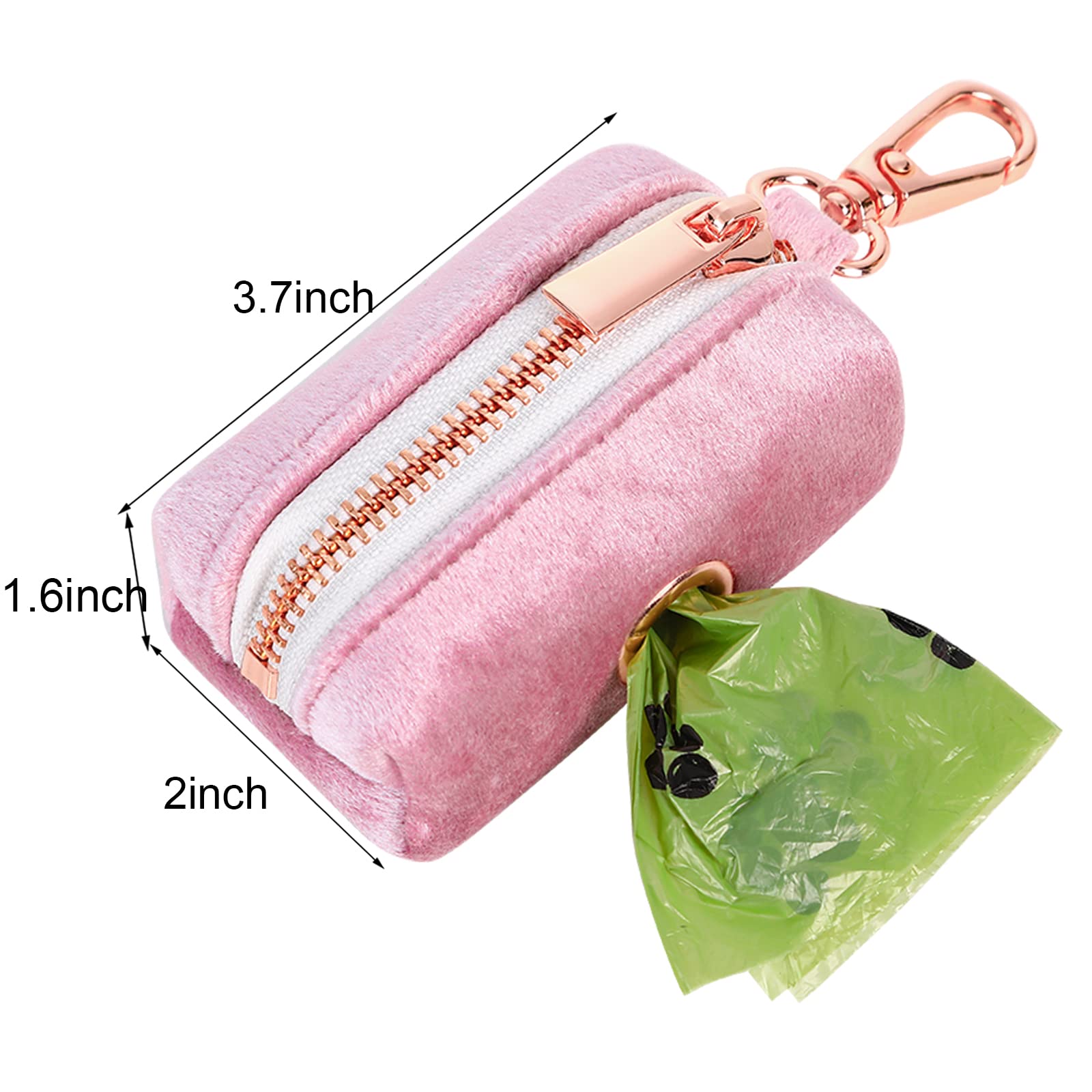 Aring Pet Velvet Dog Waste Bag Dispenser, Pink Doggy Poop Bags Holders Attach To Any Leashes, Portable Washable Pet Waste Pouch Dispenser With Metal Zipper
