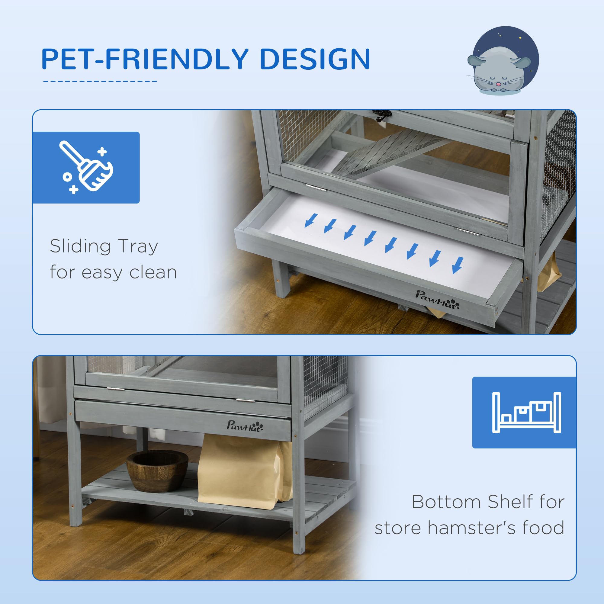 PawHut Wooden Hamster Cage with Storage Shelf, Large Rat Mouse Habitat Including Seesaw, Small Animal Cage with Sliding Tray, Wi