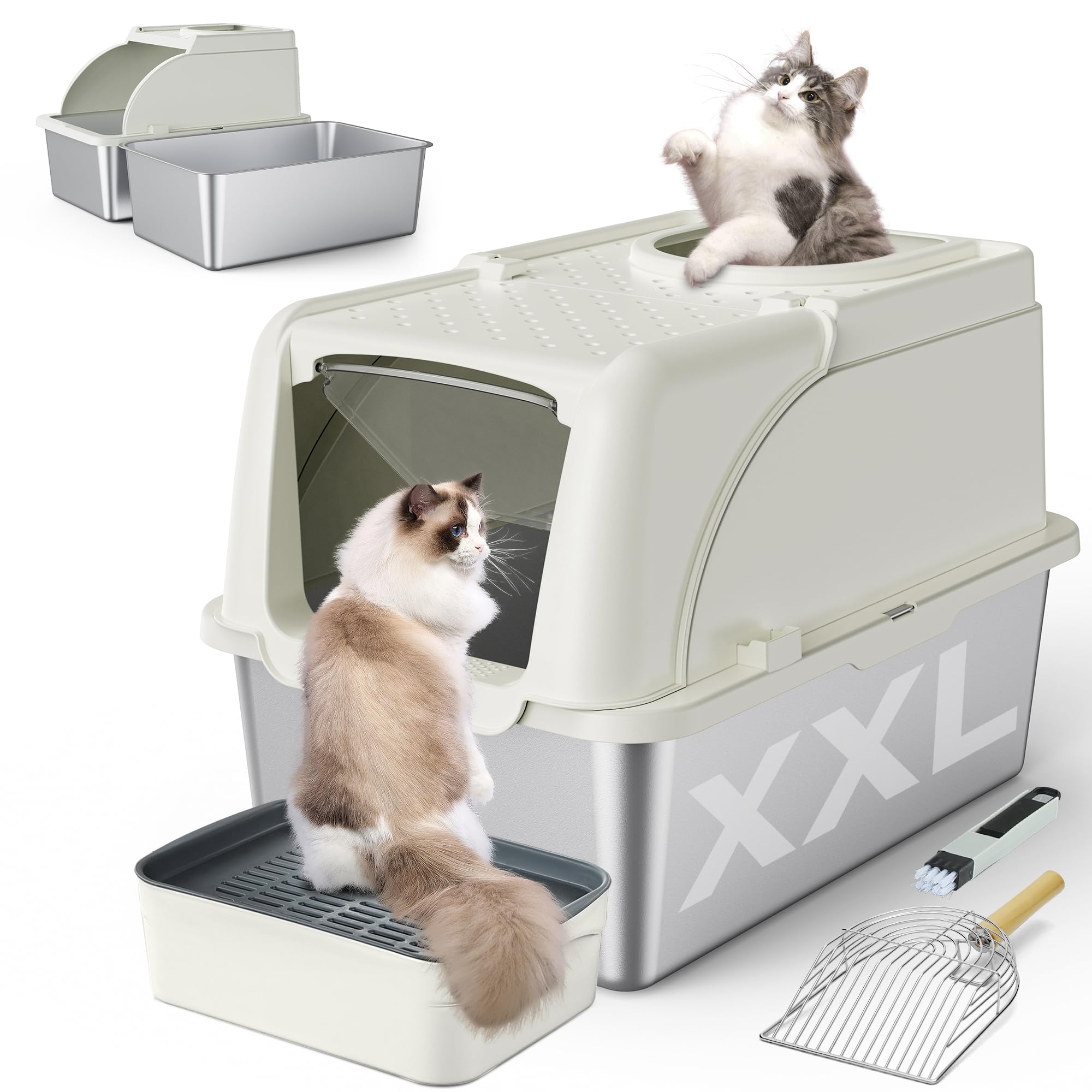 Stainless Steel Cat Litter Box, XXL Large Metal Cat Litter Box, Dual Entrance Detachable Cat Litter Box with Lid, 16.6 High Wa