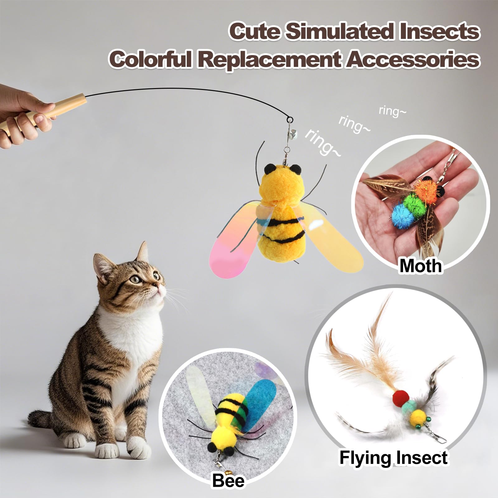 Kingtree Cat Teaser Wand Toys, 8 Pack Feather Wand Cat Toy Set With 6Pcs Insects Feather Refills & 2Pcs Flexible Steel Wire Teas