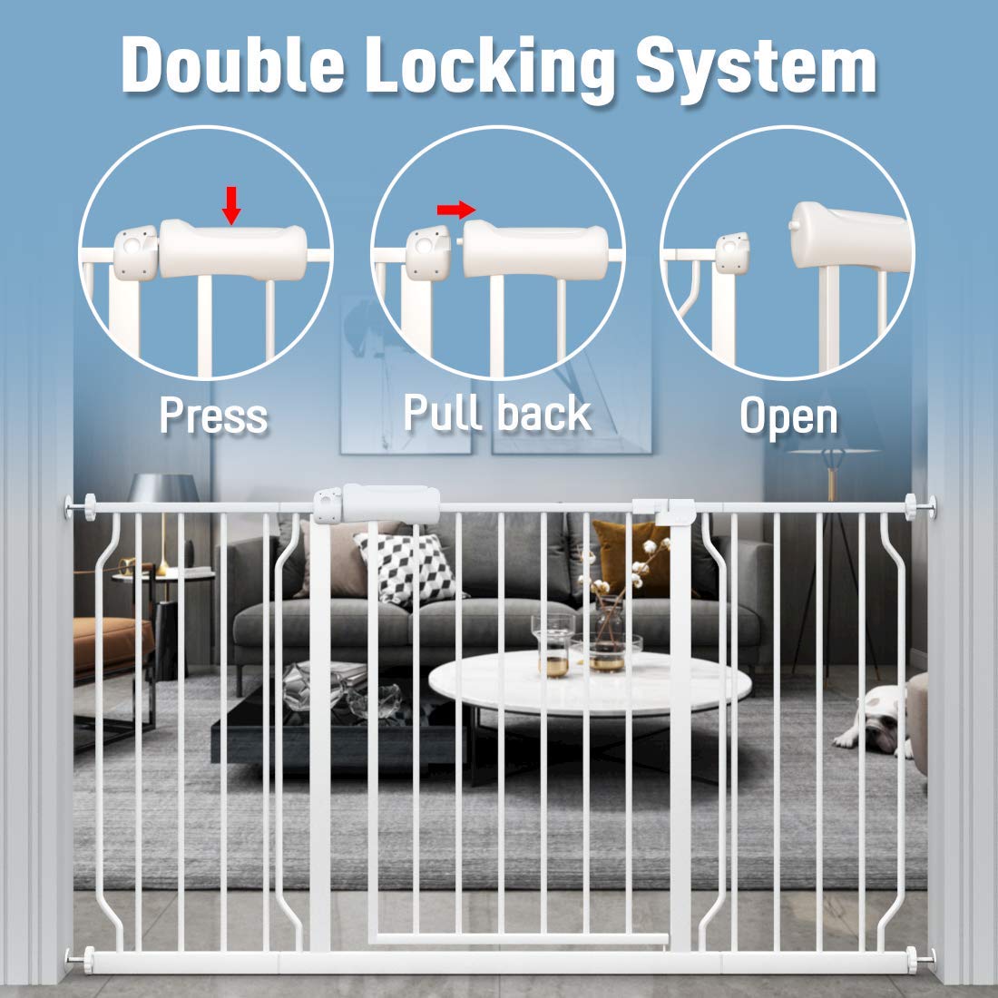 Allaibb Extra Wide Pressure Mount Baby Gate Auto Close White Metal Child Dog Pet Safety Gates With Walk Through For Stairs,Doorways,Kitchen And Living Room 24.02-81.80 In (43.31-48.03'/110-122Cm)