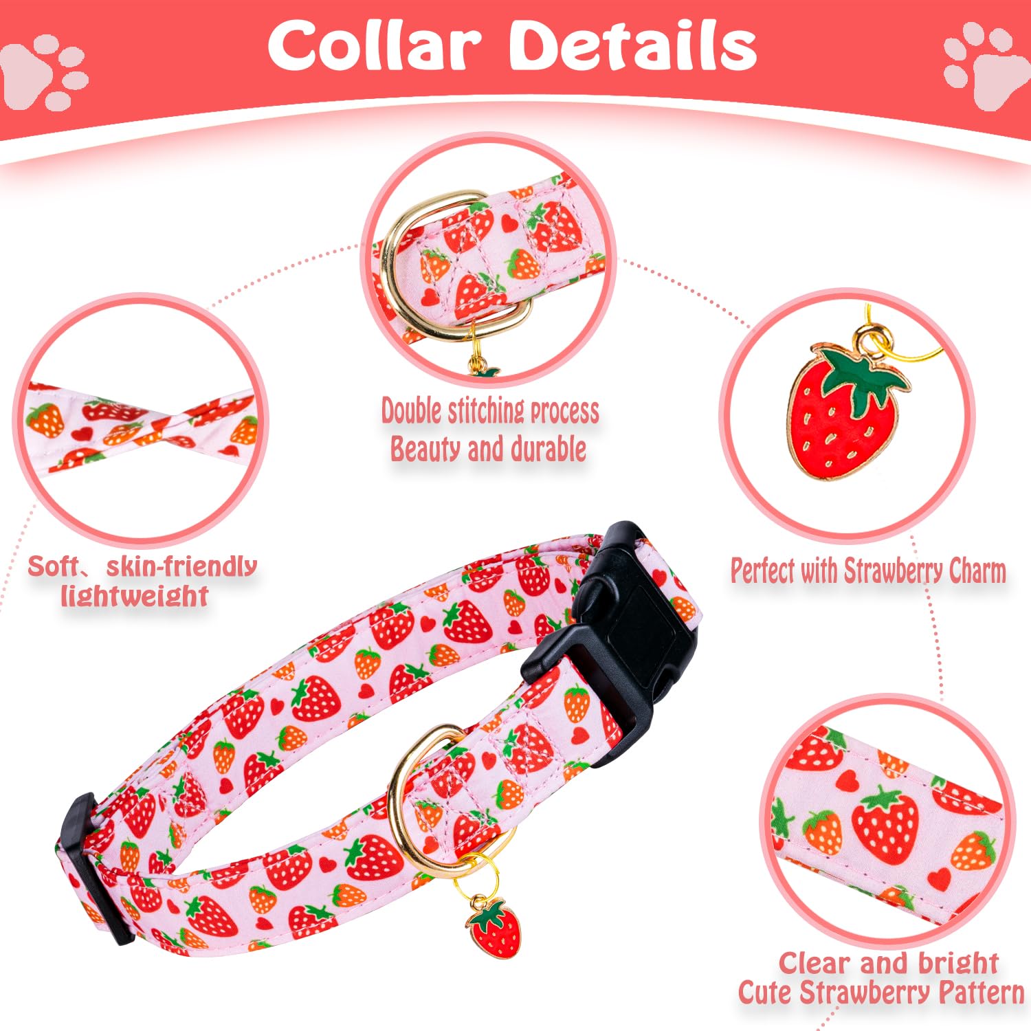 Prehai Cute Cotton Dog Collar For Small Medium Large Dogs Special Design Cute Pink Strawberry With Pendant For Girl Female Dogs