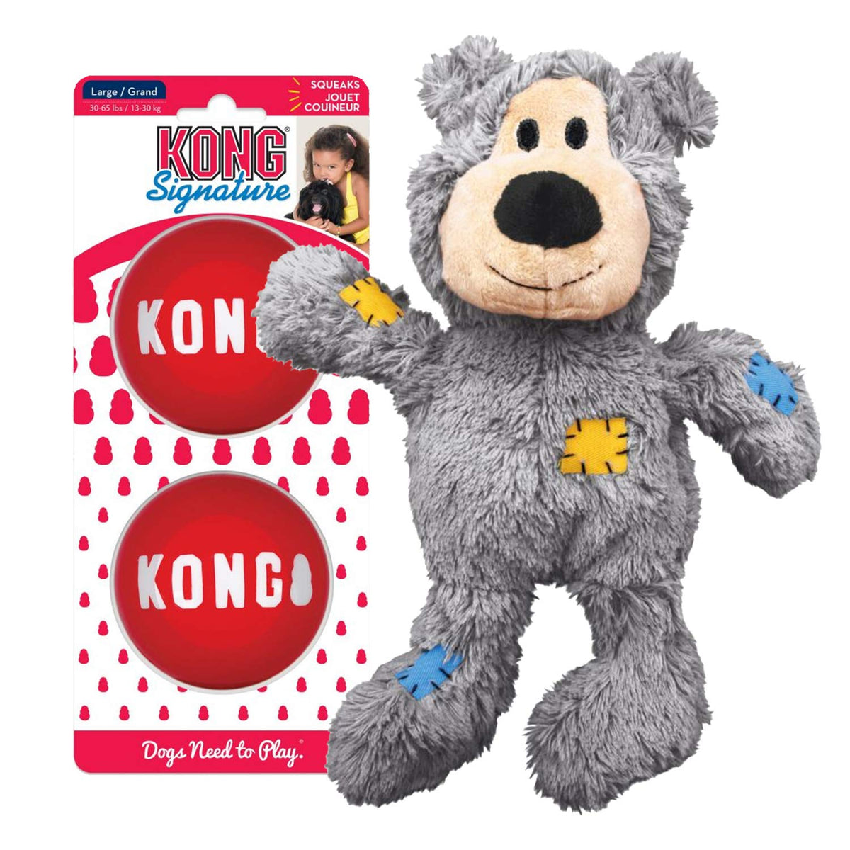 Kong Wild Knots Bear & Signature Balls 2 Pack - Dog Chew Toy - Dog Ball To Aid Boredom - Plush Toy & Squeak Balls For Snuggling 