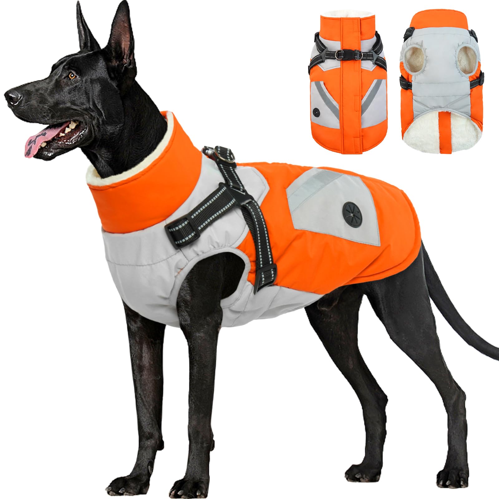 Fuamey Dog Jacket - Waterproof Winter Coat With Zipper - Reflective Vest For Extra Large Dogs - Orange Xxl