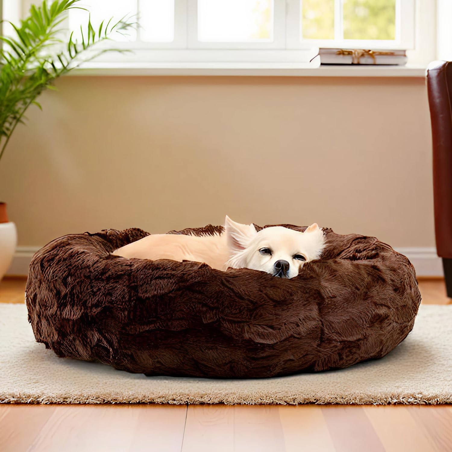 UNIQUE PET COLLECTION Original Calming Donut Dog Bed & Cat Bed  Ultra Soft Faux Fur, Orthopedic Support, Machine Washable, Remo