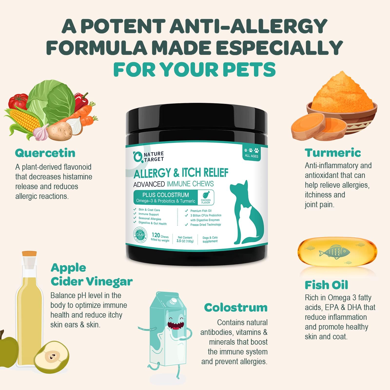 NATURE TARGET Dog Allergy Relief Freeze Dried Chews, with Probiotics, Colostrum for Immune Health, Anti Itch & Seasonal Allergie