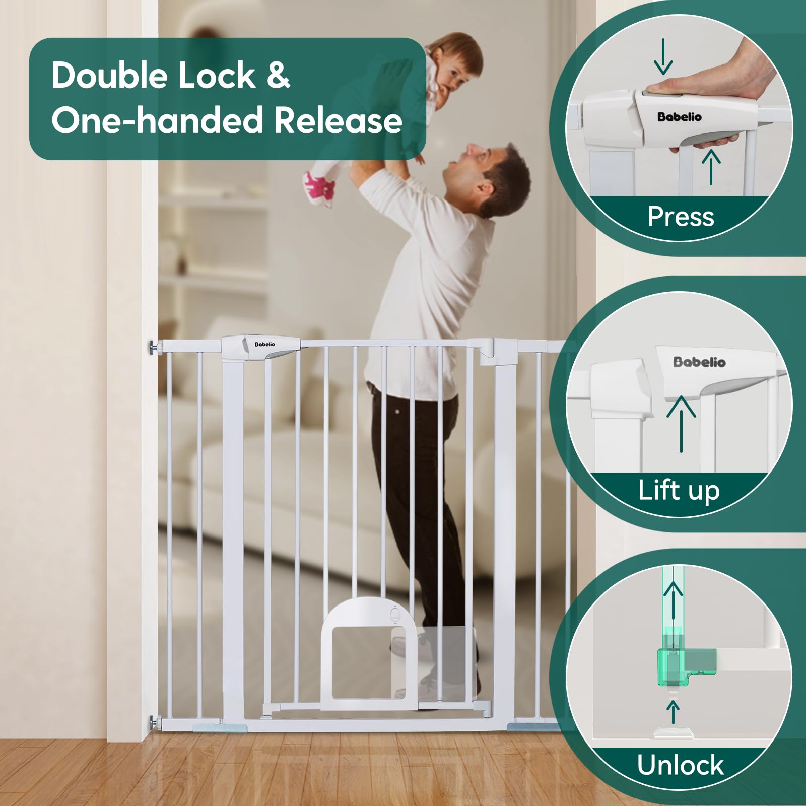 Babelio 36' Tall Upgraded Baby Gate With Cat Door, 29-43' Auto Close Durable Dog Gate For Stairs, Doorways And House, Easy Walk Thru Safety Gate With Pet Door Includes 4 Wall Cups, White