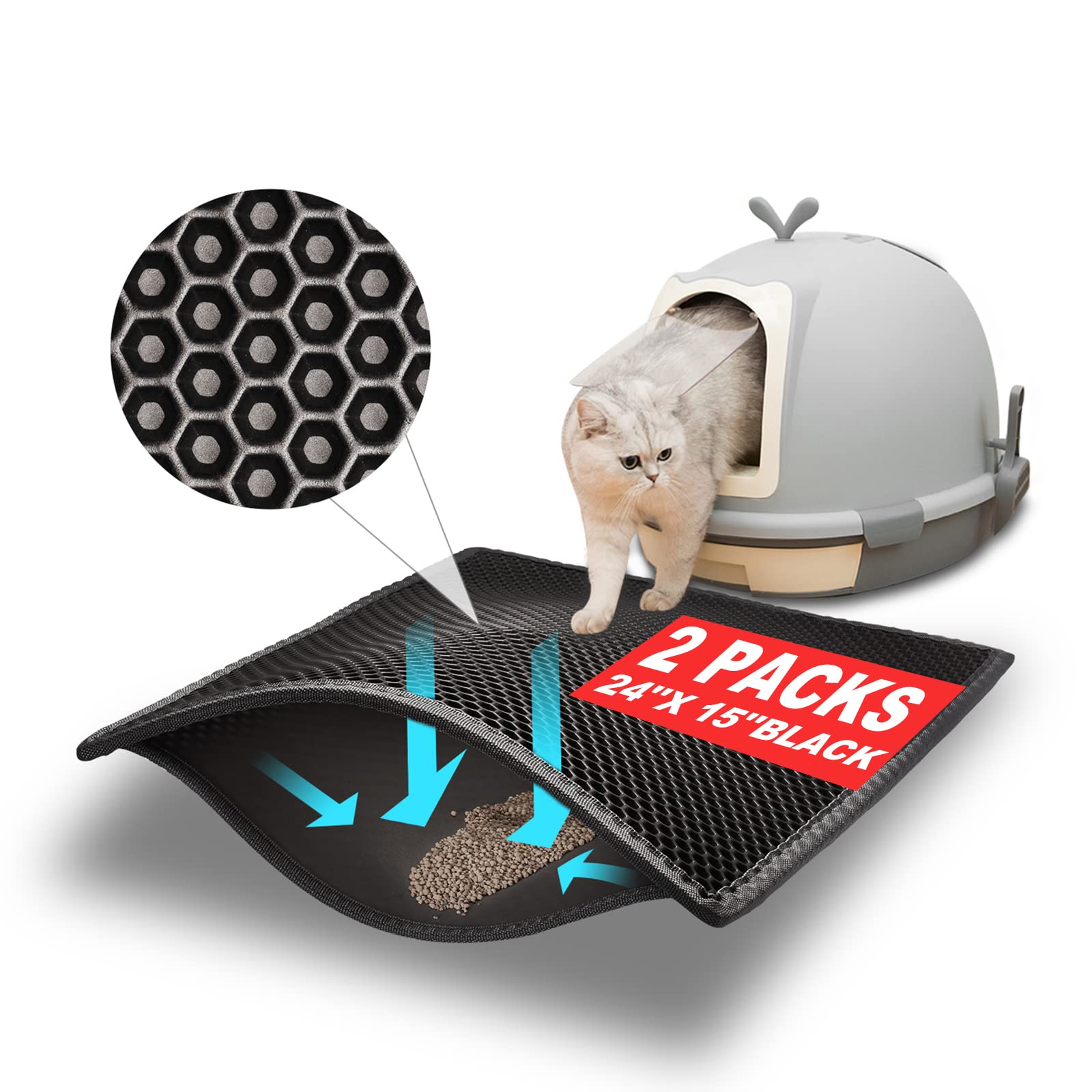 Pieviev 2 Packs Cat Litter Mat Double Layer Waterproof Urine Proof Trapping Mat (24'X15', Black)