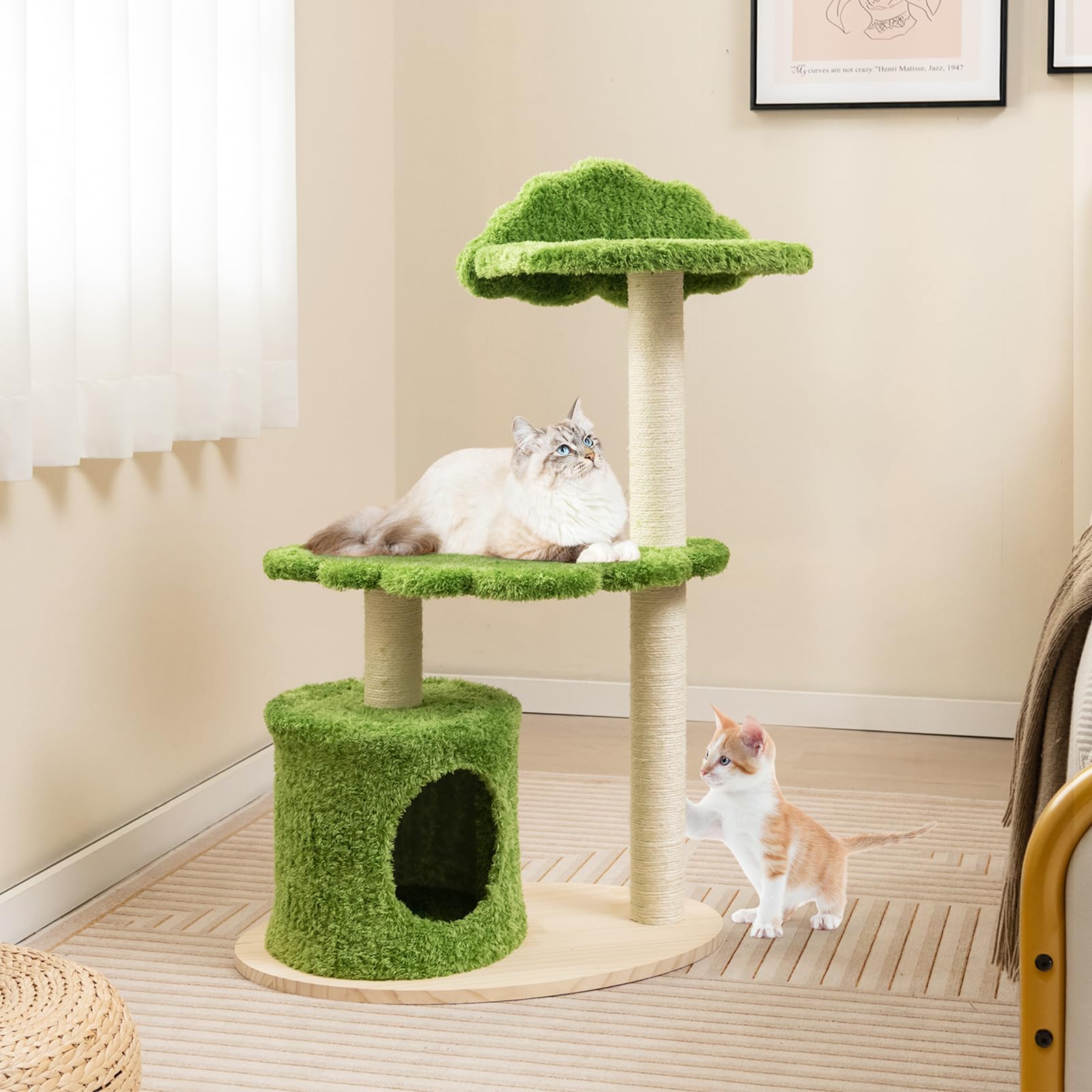 Tangkula Cat Tree Tower, Multi-Level Modern Wood Cat Tower With Sisal Scratching Posts, Top Perch, Solid Wood Base, Cute Cat Con