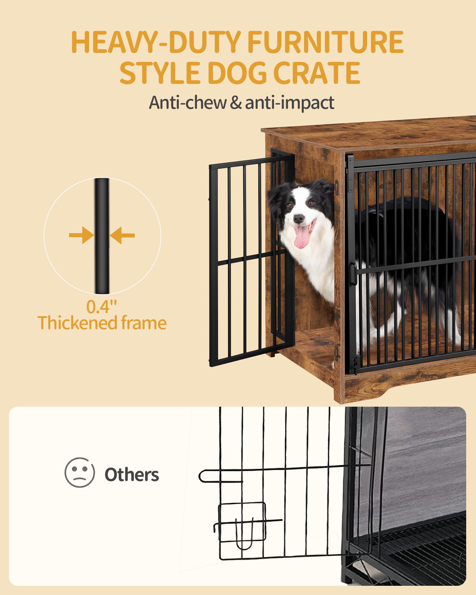 Hzuaneri XL Large Dog Crate Furniture, 44.1 Indoor Dog Kennel Furniture with Barn Door, Wooden Tall Dog Crate, Heavy Duty Dog Ca