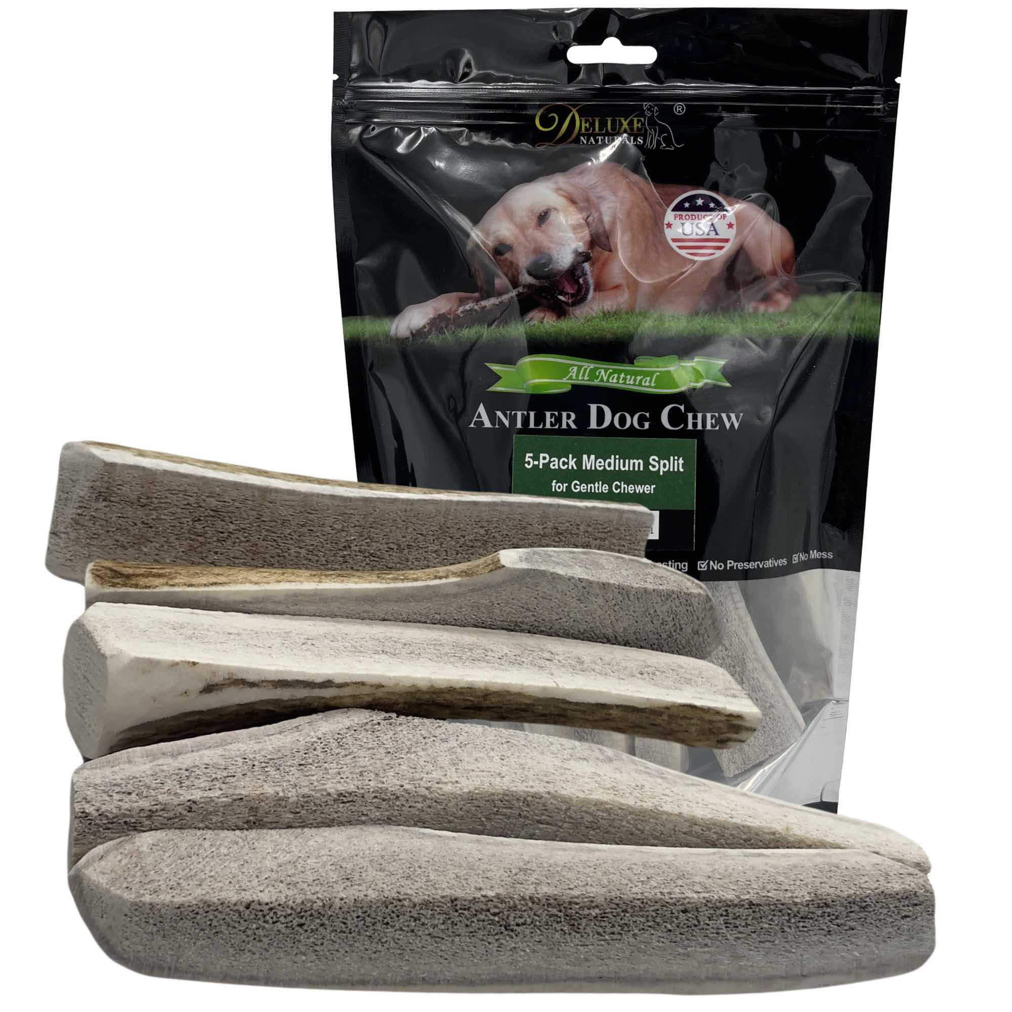 Deluxe Naturals 5-Pack Medium Split Elk Antler Dog Chews (5.5 to 7+ in) - All Natural, Premium Grade A, Odor-Free, USA-Sourced -