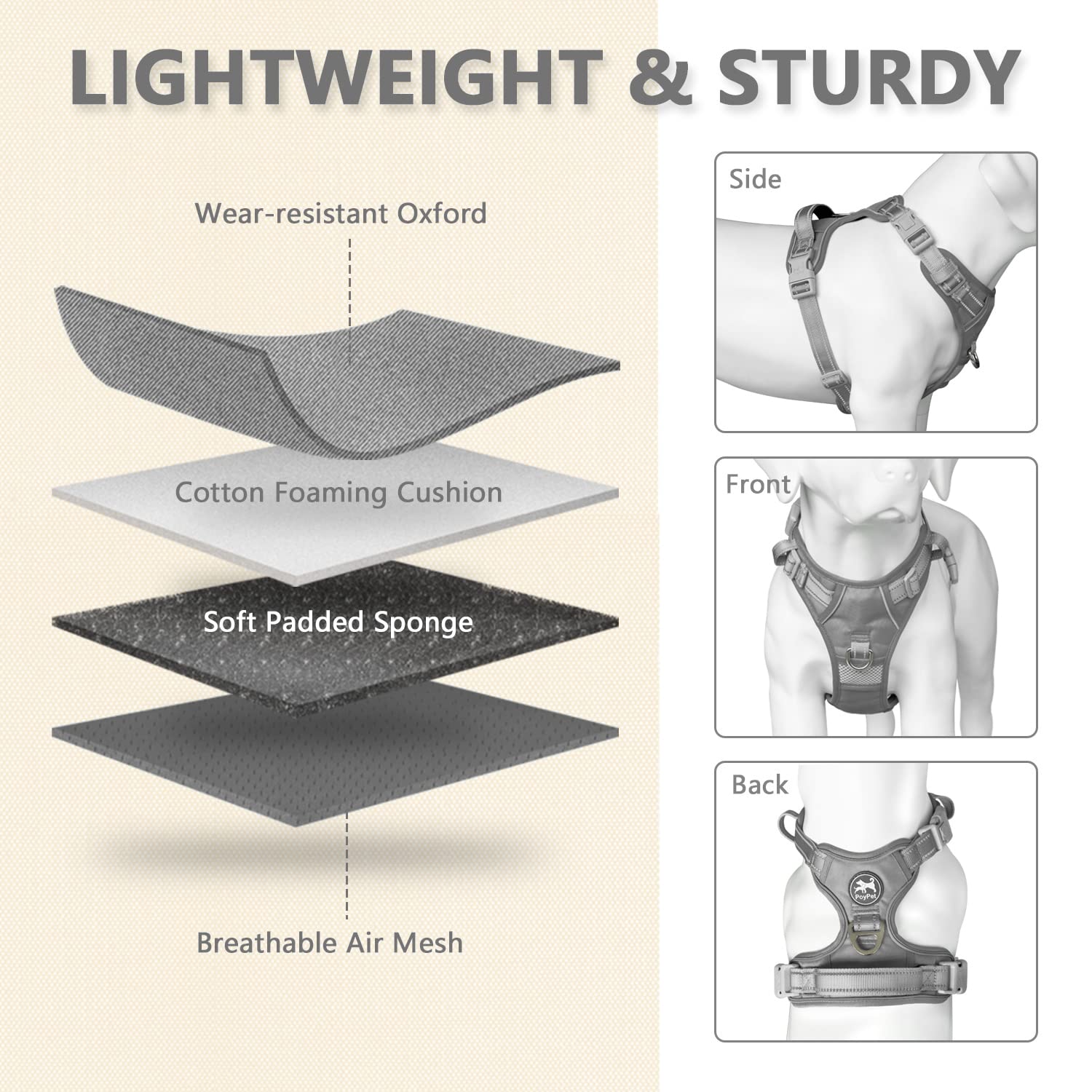 Poypet No Pull Dog Harness, No Choke Reflective Dog Vest, Adjustable Pet Harnesses With Easy Control Padded Handle For Small Medium Large Dogs(Gray,Xl)