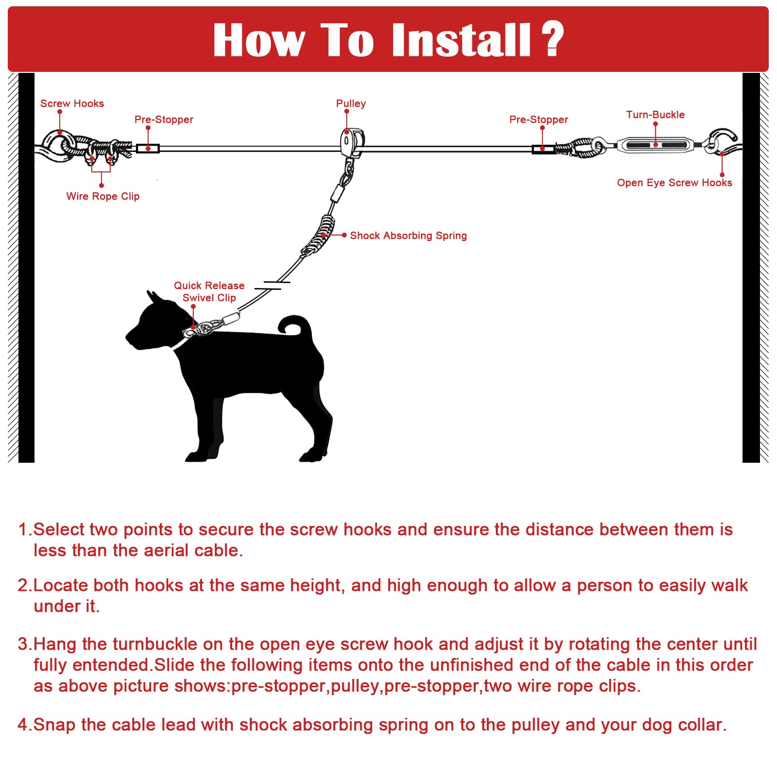 LUFFWELL 100FT Dog Run with 15FT Tie Out Cable, Heavy Duty Zipline for Large Dogs up to 250 LBS, Red Trolley System for Yard Use