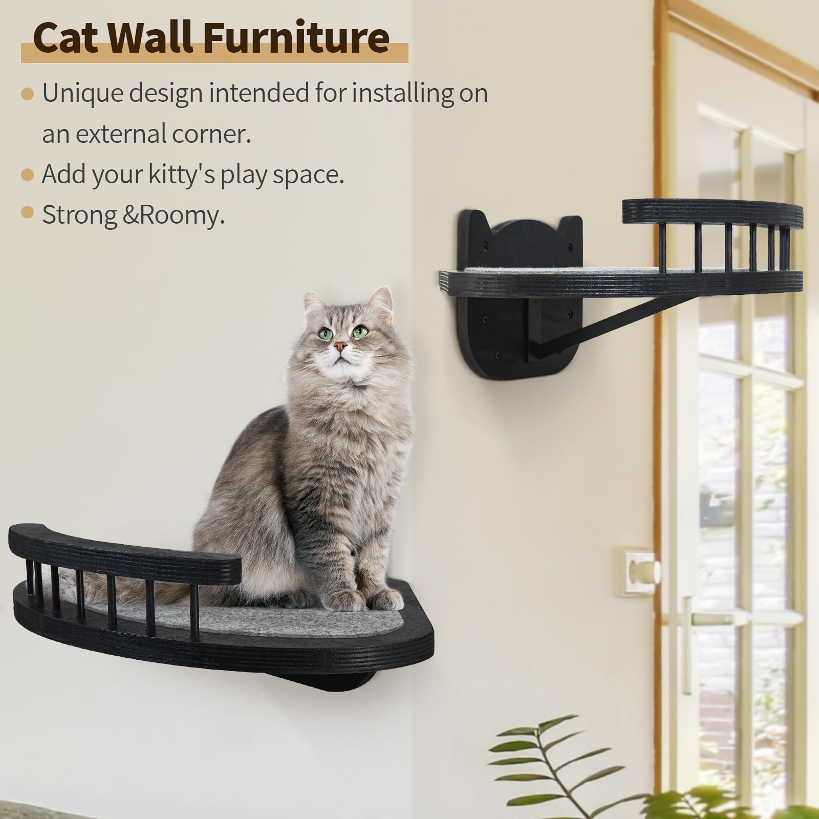 Wall-Mounted Cat Furniture - 2Pcs Shelves And Perches With 3 Steps And Scratching Pad, Climbing Condo Fit For Cats Up To 15Lbs,
