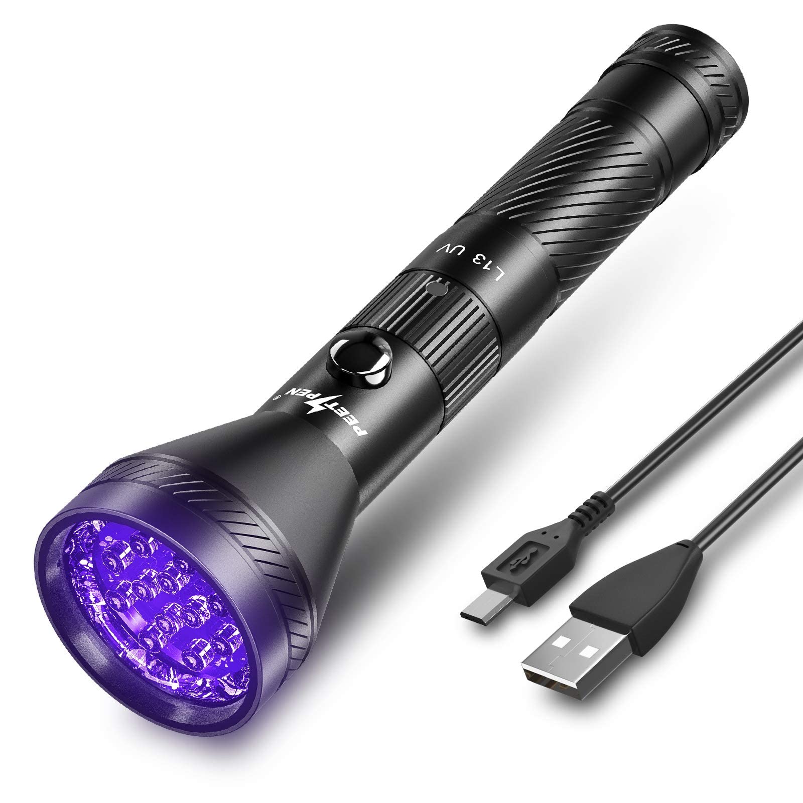 PEETPEN Black Light Flashlight USB Rechargeable 395nm UV LED Blacklight Ultraviolet Waterproof Flashlights Detector for Pets Dog