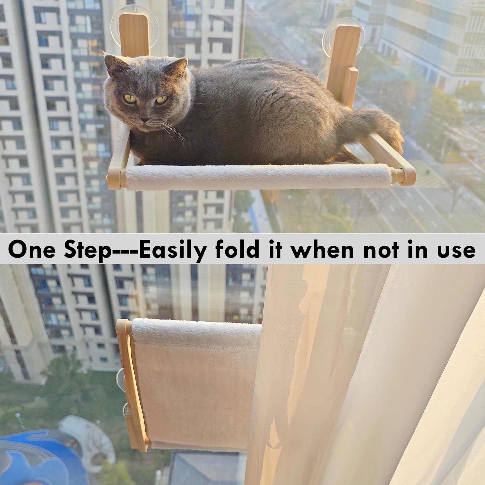 Gesomepurrz Foldable Cat Window Perch, Natural Wood, 16.5 Inches*12 Inches Hammock, 35 Lbs Weight Limit, Cat Window Hammock For