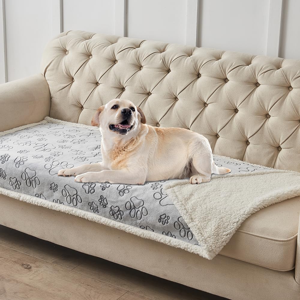 Qeils Dog Blankets For Large Dogs - Waterproof Pet Blanket Washable - Sherpa Fleece Puppy Blanket, Soft Plush Reversible Dog Blanket, Couch Cover For Dogs Washable, 30'X70', Grey Paw Print