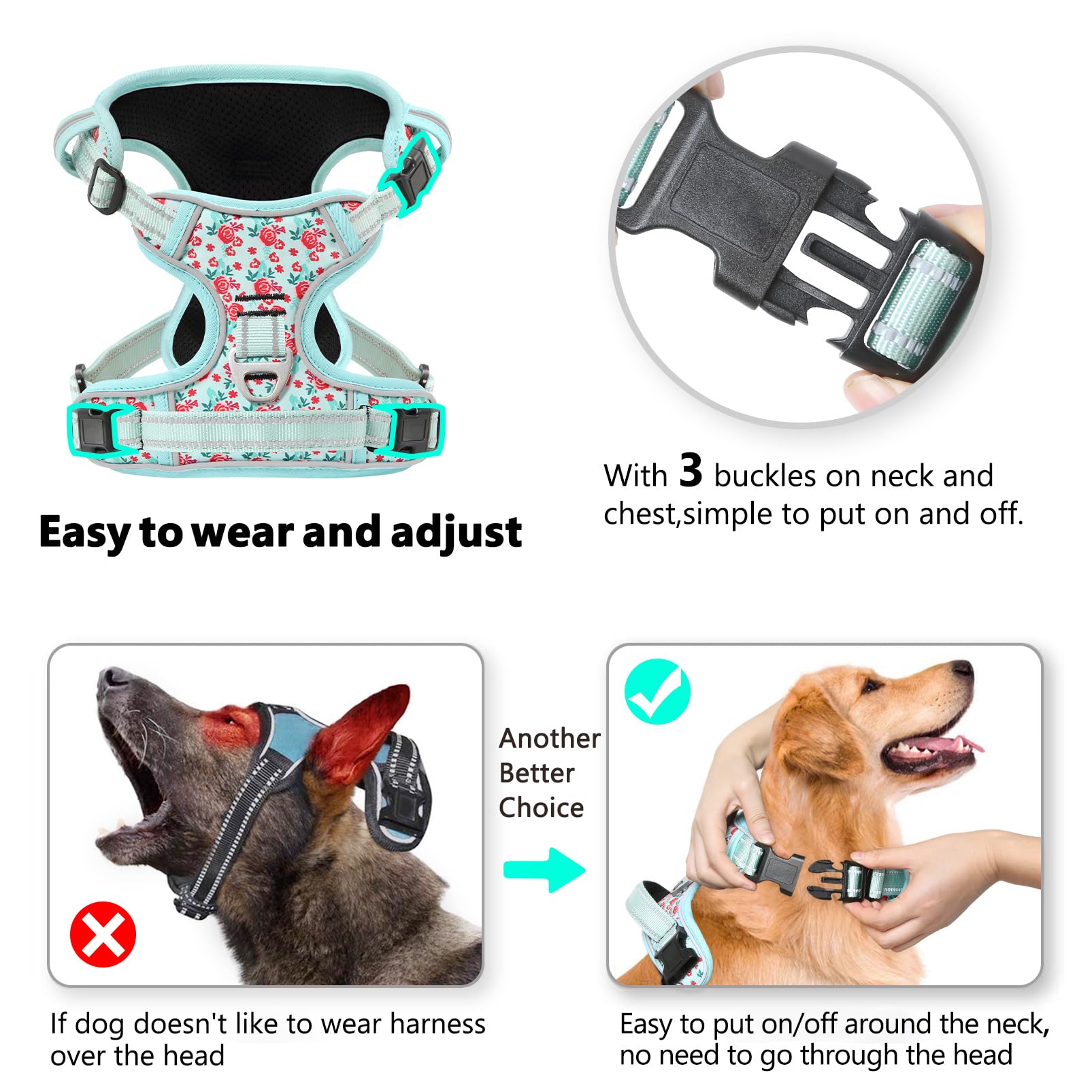 Timos No Pull Dog Harness, Release At Neck Reflective 3 Snap Buckles Adjustable No Choke Pet Vest With Front & Back 2 Leash Clip