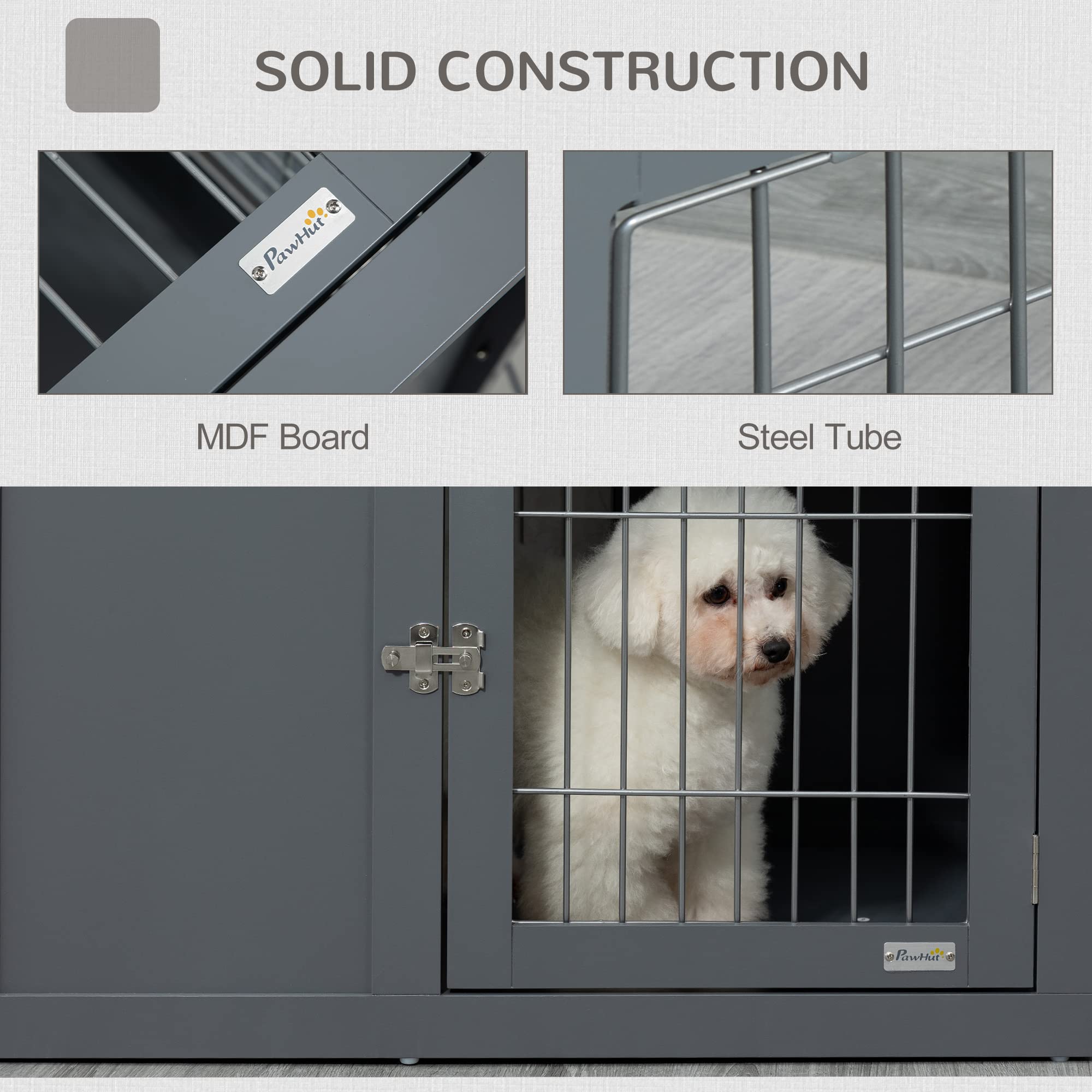 Pawhut Furniture Style Dog Crate For Small And Medium Dogs, End Table Pet Cage With Two Lockable Doors - Grey